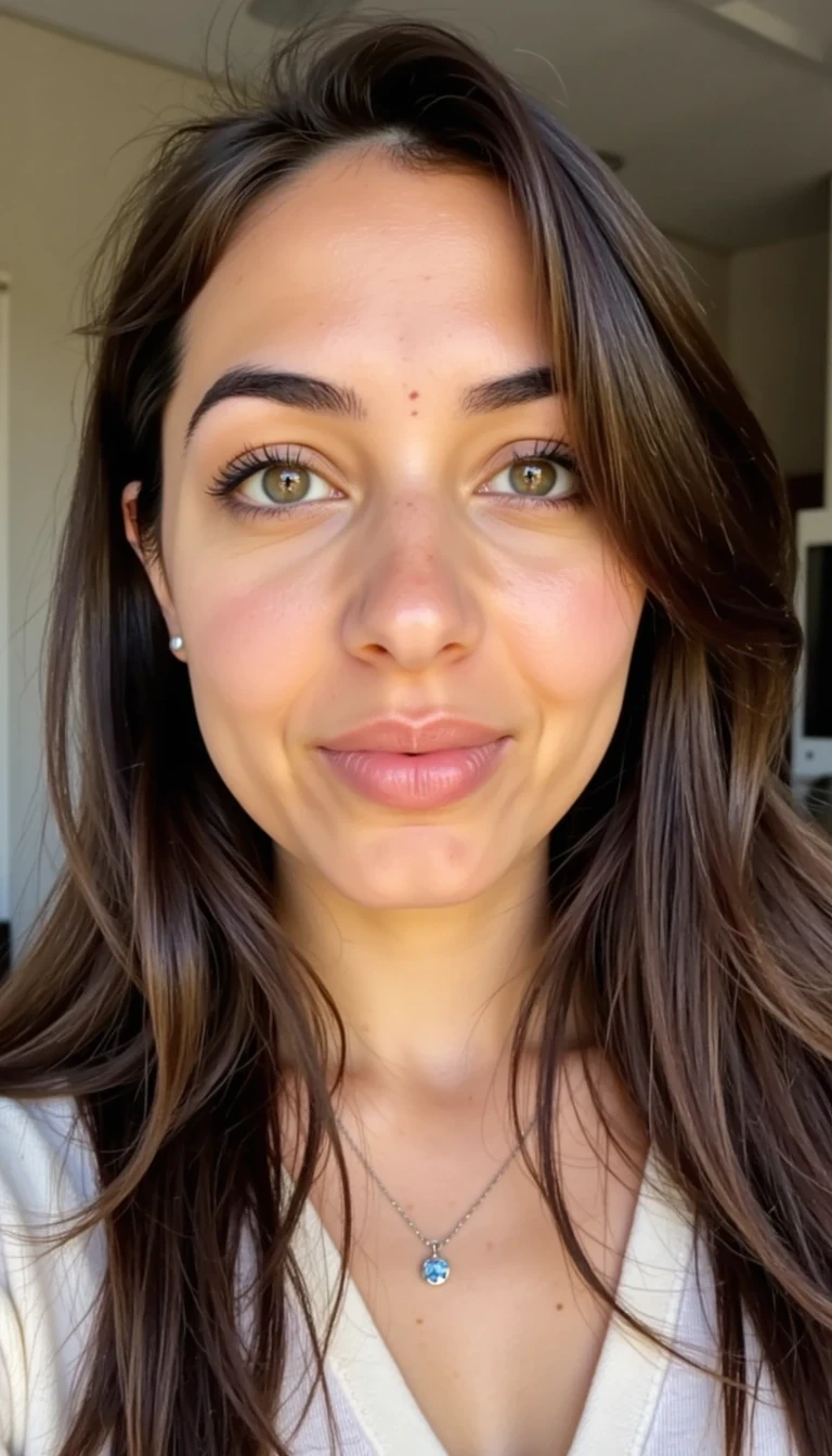 Selfie of Zahra CSTMDL mid-20s Arabic woman with warm olive skin, light freckles, a small crescent scar above left eyebrow. Bright green eyes with dark lashes and full brows, straight nose with soft curve, rose lips with slight asymmetry, single dimple on right cheek. Oval face with loose honey-brown hair, natural skin texture.
Style: soft girl selfie aesthetic, warm pastel tones, dreamy lighting, glowy natural look.
Expressions: gentle smile, shy glance, playful smirk, soft neutral, curious tilt, thoughtful, candid laugh.
Angles: varied selfie angles (front, side, looking up/down, slight turns), close framing.
Lighting: warm natural light, golden hour glow, soft focus.