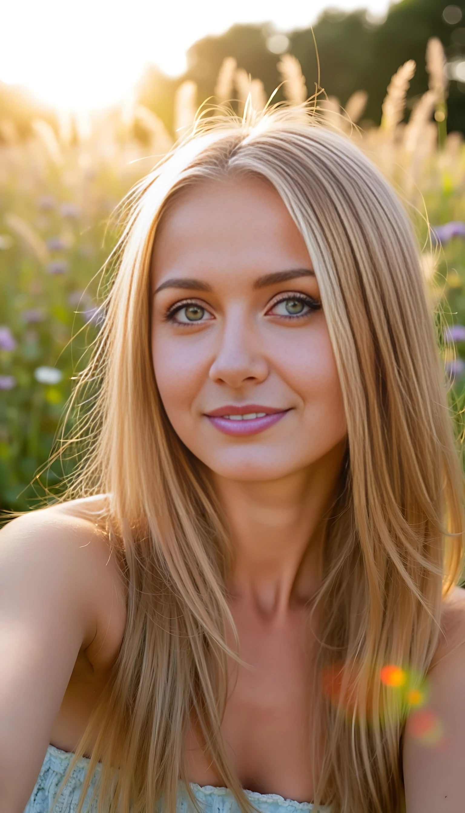 A front-facing selfie of a platinum blonde woman with long, sunlit hair and light green eyes. The camera is held slightly above her face as she tilts her head up and gives a soft, flirty smile. Golden hour sunlight glows across her cheeks and nose. Her straight hair falls naturally around her shoulders, and wildflowers blur softly in the background.

Style Tags:
Photorealistic, gentle glow, soft shadows, slight head tilt, Instagram selfie aesthetic, golden hour, subtle makeup, smiling expressi