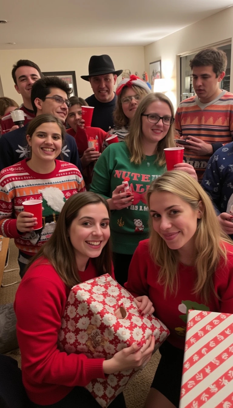 boring low quality snapchat photo circa 2015, this picture is being taken at a family gathering of guests all over a family room in Christmas themed sweaters. Many of them are holding red solo cups in their hands. Some are holding Christmas presents that are wrapped in red and white wrapping paper.