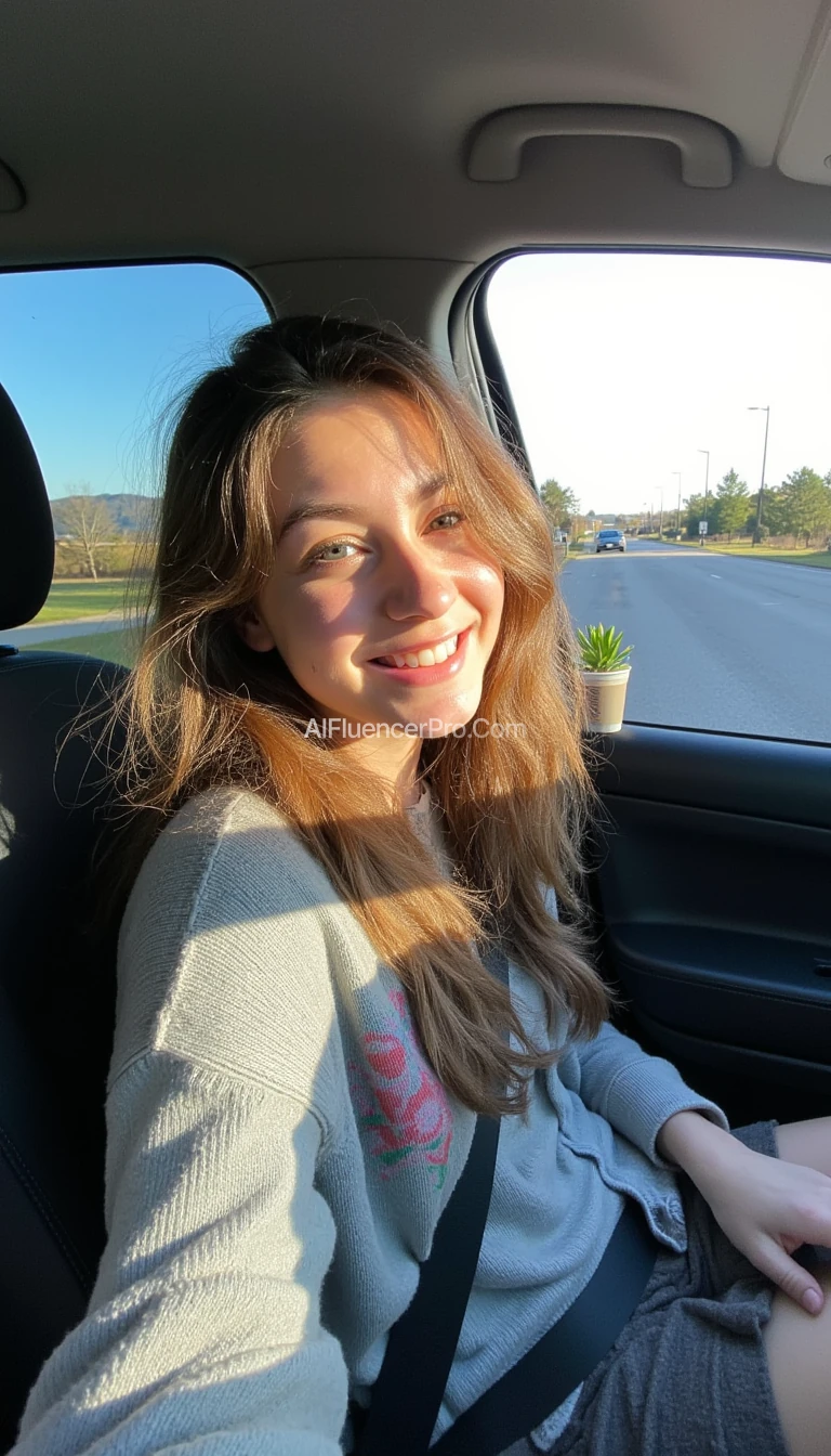 boring low quality snapchat photo circa 2015, A young woman with a warm smile, sitting in the driver's seat of a cozy car. She has soft, wavy brown hair cascading past her shoulders. The sunlight streams through the window, casting a gentle glow on her face. The interior of the car is neat and comfortable, with a coffee cup in the cup holder and a small plant on the dashboard. The background outside the window shows a scenic road lined with trees and blue skies