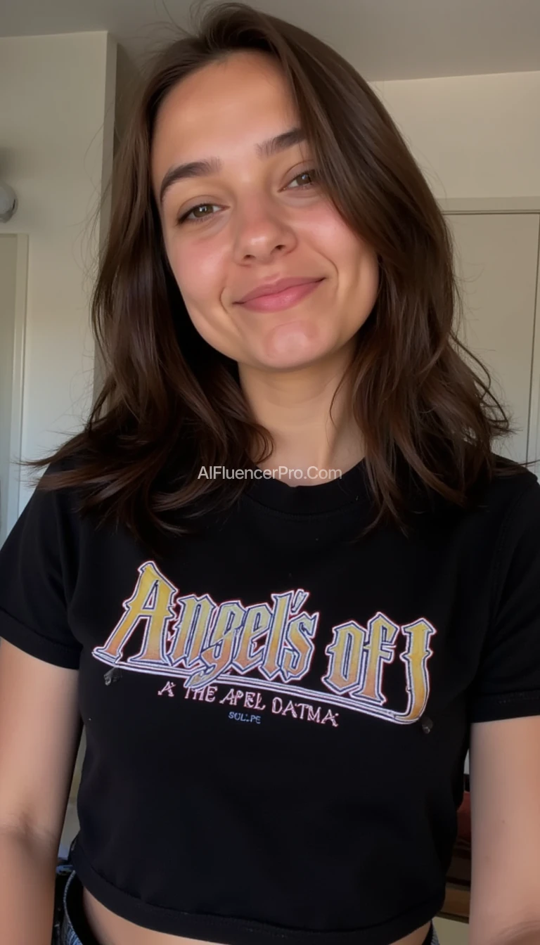 snapchat style picture of girl with thick brown hair wearing a black croptop shirt that says "Angels of Panama" in a Palm Angels type font above the chest