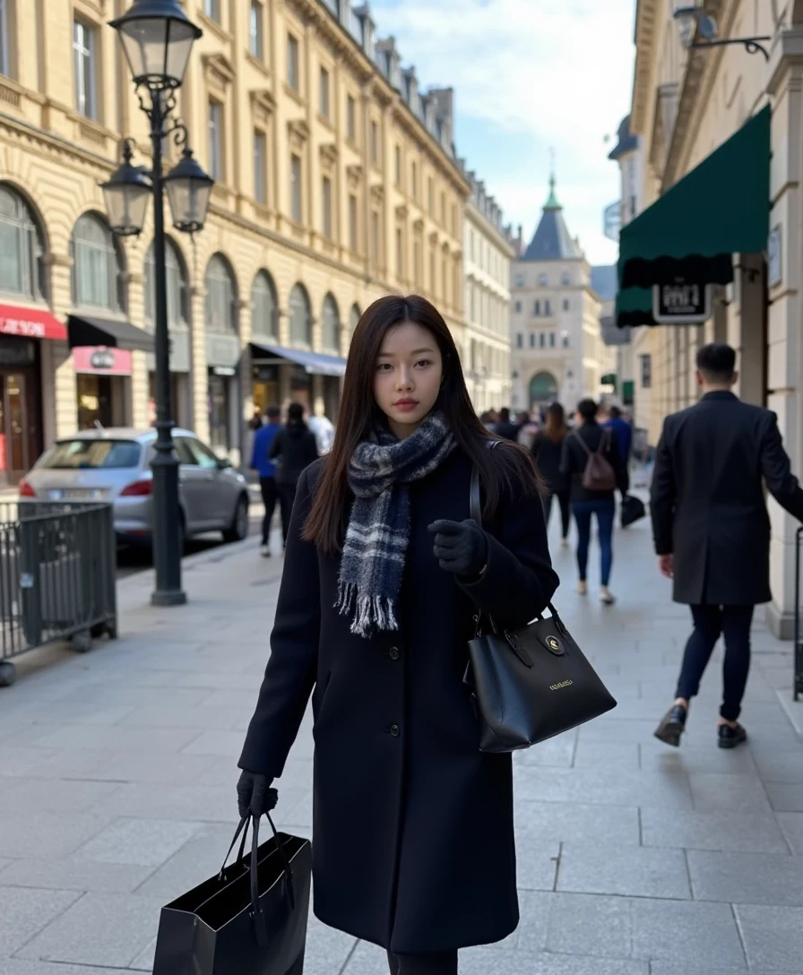 boring, medium shot on an iphone 16 pro. A young Korean woman walking down Avenue Montaigne in Paris, dressed warmly yet stylishly. cloudy weather.  She wears a luxurious black coat, perhaps made of wool or cashmere, paired with a chic scarf and gloves. She carries several shopping bags from the high-end boutiques, exuding both confidence and sophistication. Parisian architecture and the sunlight reflect the glamour of the scene. medium shot on an iphone 16 pro