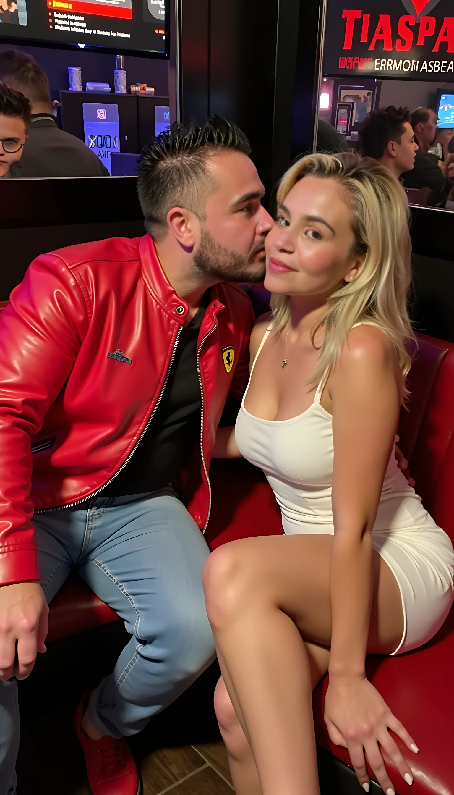 CSTMDL average man body  seating in a couch leg crossed wearing a light blue jeans with a red leather Ferrari logo jacket and red shoes  with a nightclub background  with a beautiful woman with blonde hair very bright blue eyes wearing a sexy white dress seating next to me  losing my cheek 