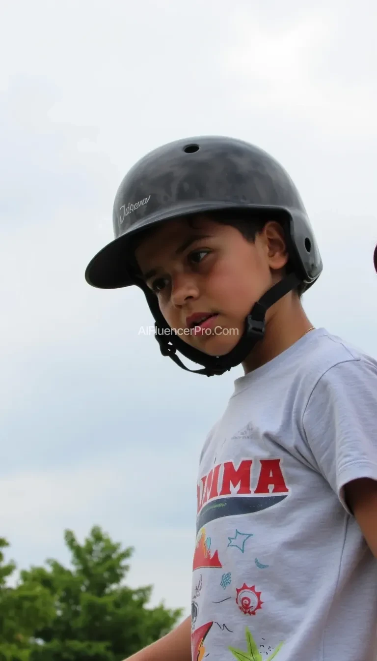 A young boy wearing a black baseball helmet, looking slightly off to the side. He is dressed in a light gray shirt featuring colorful graphics on the front. The background is a cloudy sky, suggesting an overcast day. In the lower portion of the image, the tops of trees can be seen, adding a touch of greenery to the scene. The overall atmosphere conveys a sense of outdoor activity, likely a sports event.