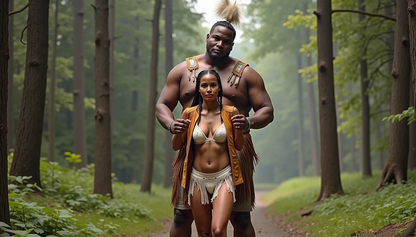 photo of woman CSTMDL, a medium shot photo of, a slim woman, her full body is in the scene, she has a slender petite build with petite small boobs and a flat chest, she has small dark skin nipples with long pointy nipple ducts and small dark skinned areolas, her hair is styled with two long braids she has eagle plumes in her hair, she is not wearing earrings, she is wearing daisy duke denim booty shorts, she is wearing a native American style vest in a golden yellow color over top of her underwear, she is holding her vest open exposing her strapless bra, her bra is a strapless white lace bra, she is wearing white lace panties, she is wearing ankle height smoked hide moccasins, natural lighting, natural light, amateur photography, shot on an iPhone, she is standing with her legs spread wide apart in a densely wooded forest, she is maintaining intense eye contact with the camera, there is a giant native American fat man twice her height standing up directly behind her holding onto the woman's waist, the man is holding her up suspended in the air in front of him, the man is a real giant, public setting, Hyper realism, ultra-sharp focus, highly detailed, natural lighting, natural light, amateur photography,