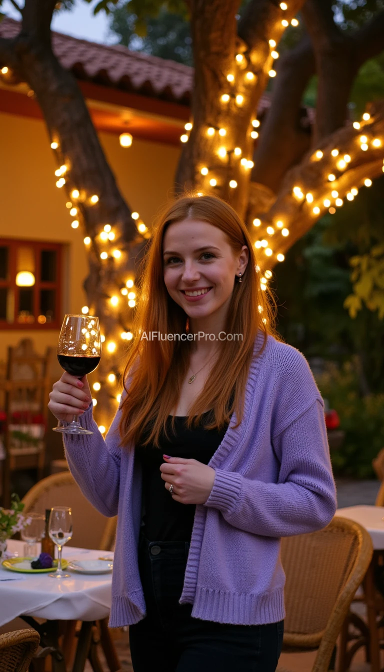 A full body shot photo of a woman standing outdoors at a cozy, warmly lit patio in the evening, with soft, glowing lights wrapped around a tree behind them creating a charming atmosphere. The image is rich in detail, with warm tones and clear textures throughout. The woman has fair skin, a slim build, and long reddish-blonde hair, also worn loose. She is smiling warmly at the camera, holding a glass of red wine in her right hand, and wears a soft-textured lavender cardigan over a black top. The background features a large tree with sparkling string lights wrapped around its trunk and branches, adding a magical touch to the scene. The setting suggests a private outdoor seating area, with elements like terracotta-tiled roofing, greenery, and rattan chairs contributing to a serene, inviting vibe. The overall composition is balanced, with the woman framed against the softly glowing tree, and the lighting enhances the warm, intimate feel of a quiet evening shared among friends. The details are vivid, with textures of clothing, skin, and background elements clearly visible, while the warm lighting creates a relaxed and joyful mood