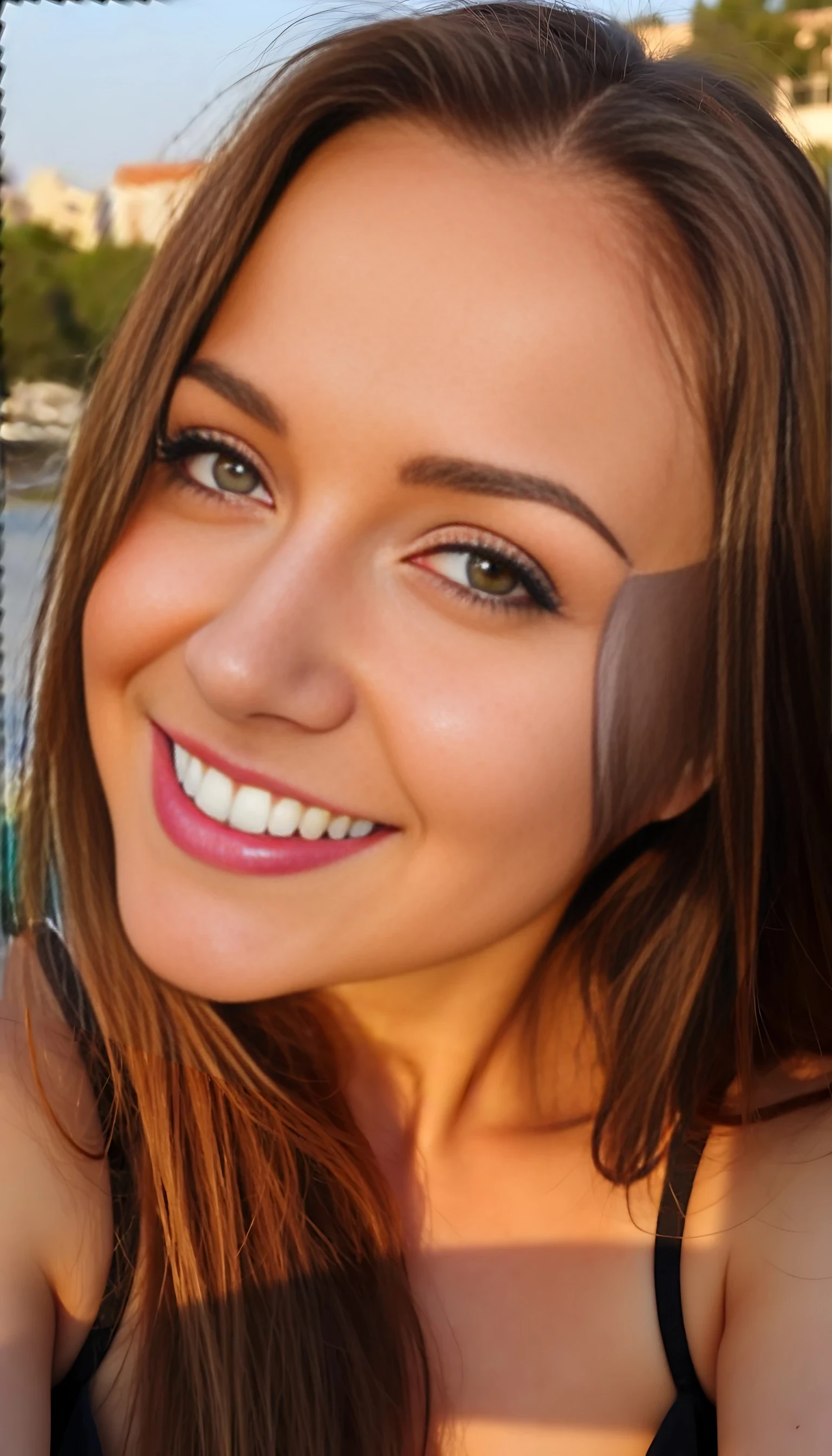 A high-angle selfie with her head tilted up, smiling with a soft wink. Hair falls around her face, glowing in sunset light.