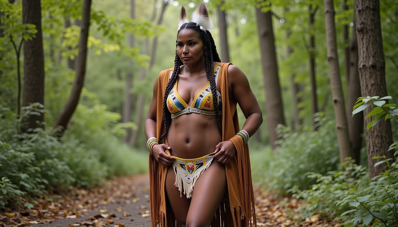 photo of woman CSTMDL, a medium shot photo of, a slim woman, her full body is in the scene, she has a slender petite build with petite small boobs and a flat chest, she has small dark skin nipples with long pointy nipple ducts and small dark skinned areolas, her hair is styled with two long braids she has eagle plumes in her hair, she is not wearing earrings, she is wearing daisy duke denim booty shorts, she is wearing a native American style vest in a golden yellow color over top of her underwear, her vest is open exposing her strapless bra, her bra is a strapless white lace bra, she is wearing white lace panties, she is wearing ankle height smoked hide moccasins, natural lighting, natural light, amateur photography, shot on an iPhone, she is standing with her legs spread wide apart in a densely wooded forest, she is maintaining intense eye contact with the camera, there is a giant native American fat man twice her height kneeling directly behind her holding onto gripping the woman's waistline, the man is holding her in front of him, the man is a real giant twice the height of an average male, public setting, Hyper realism, ultra-sharp focus, highly detailed, natural lighting, natural light, amateur photography,