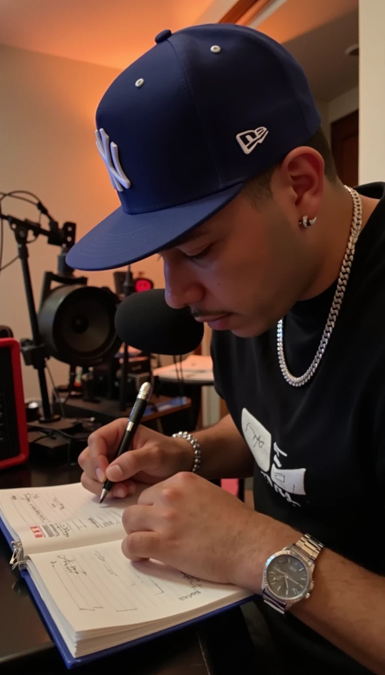 in a music studio, writing on notepad, hip-hop, chain on, white gold watch on left wrist, white gold bracelet on right wrist, white gold earrings stud both ears, wearing a navy blue NY fitted hat, 