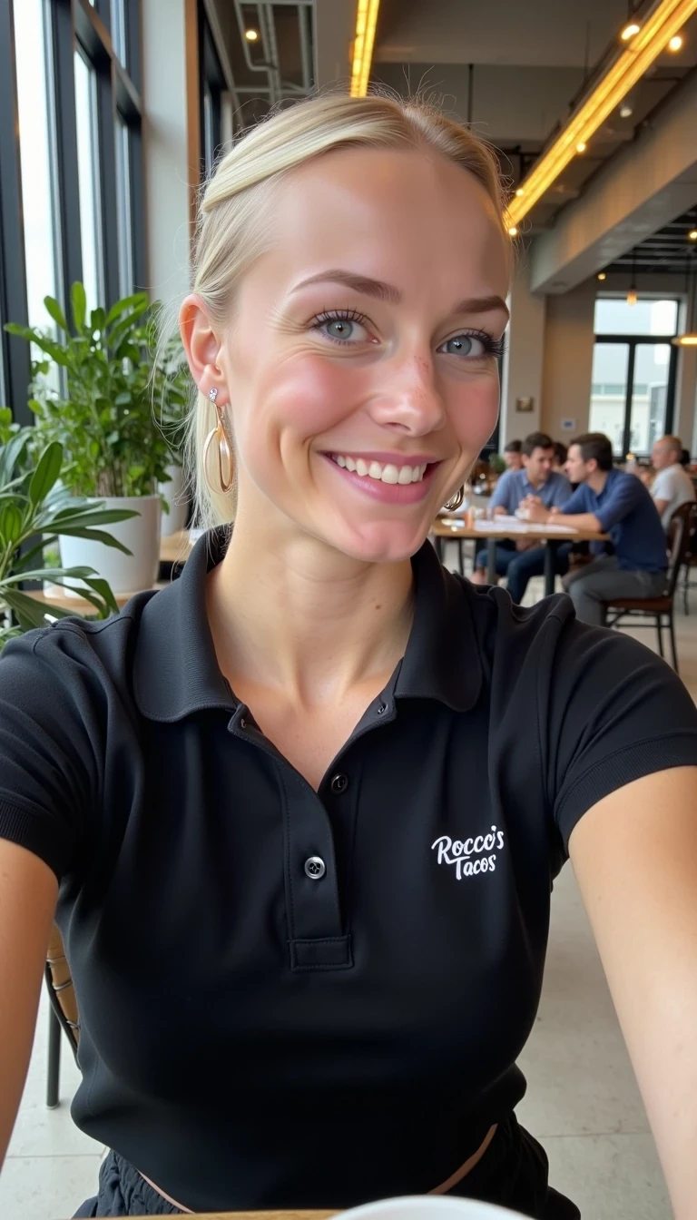CSTMDL, Hailey, photorealistic portrait of a young woman in her early 20s with fair porcelain skin, smooth complexion, subtle natural makeup with soft pink lips and light eyeliner, straight blonde hair tied back in a neat ponytail, bright blue eyes sparkling with warmth, friendly genuine smile revealing straight white teeth, confident and approachable demeanor, posing for a selfie gazing directly at the viewer with engaging eye contact, enjoying a cup of coffee; she is wearing a fitted black short-sleeved polo shirt with a small embroidered logo on the chest reading "Rocco's Tacos" in white lettering, tucked into slim black pants, no visible accessories; set in a modern upscale cafe interior with high ceilings, large floor-to-ceiling windows allowing soft diffused natural daylight to flood in from the right side, creating gentle highlights and soft shadows on her face and clothing, warm ambient hanging pendant lights with golden glow in the background; background details include a tall green potted plant with broad leaves to the left, patrons seated at wooden tables; dominant colors are neutral blacks and grays with pops of green foliage, warm wood tones, and red accents from the food; overall welcoming and lively casual dining atmosphere, evoking freshness and hospitality; composition is a medium close-up shot from a slight low angle to emphasize approachability, framed centrally with balanced symmetry, captured with a Canon EOS 5D Mark IV camera using a 50mm prime lens at f/2.8 aperture for shallow depth of field, ISO 100 for crisp details, natural window afternoon lighting supplemented by soft indoor LEDs at 4000K color temperature, hyper-realistic textures like the soft cotton weave of the polo shirt, and smooth skin pores; ultra-detailed, hyperrealism, photorealistic rendering indistinguishable from a high-resolution photograph, 8k resolution, sharp focus on the woman and plate with bokeh background.