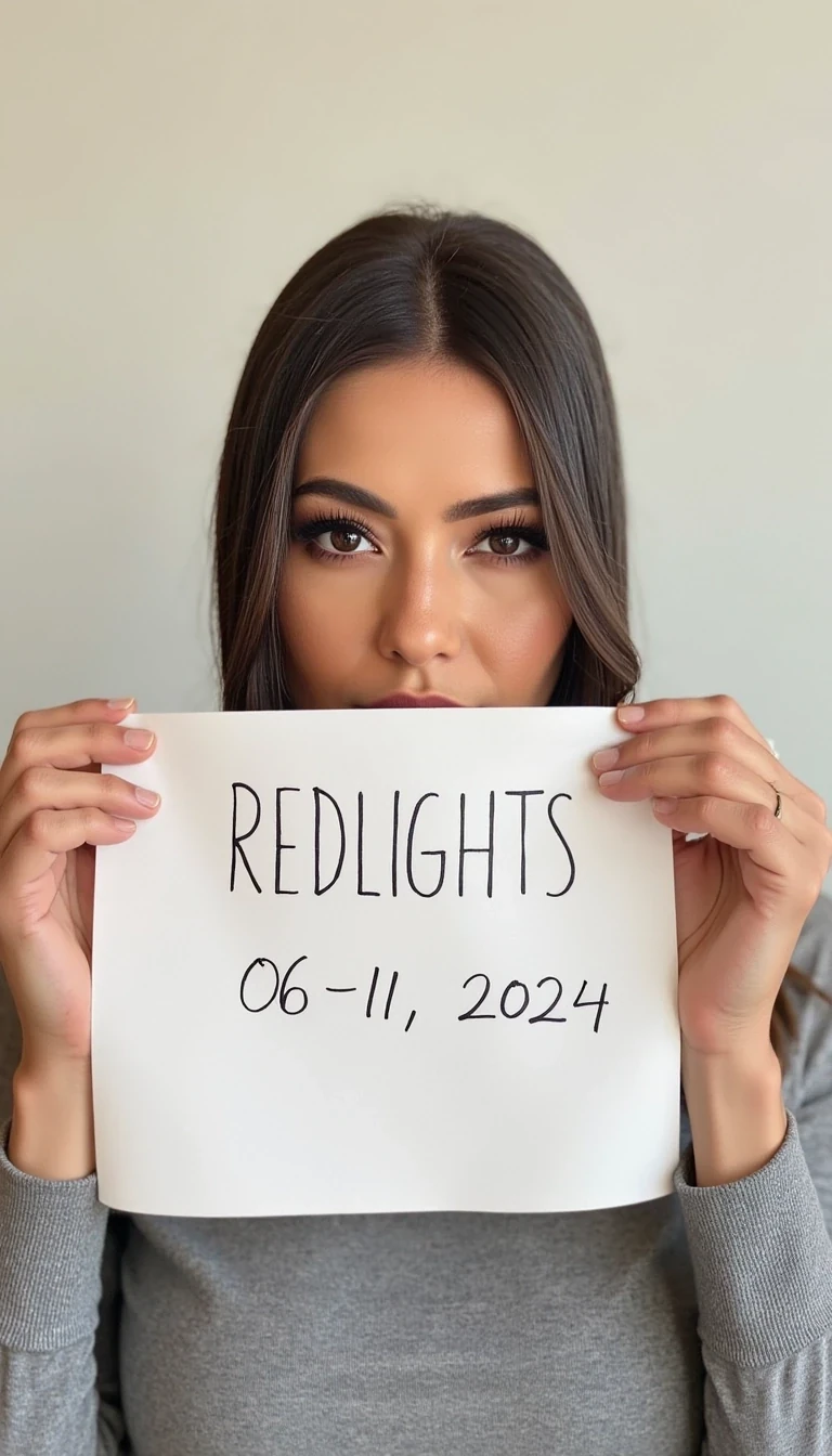 photo of woman CSTMDL, woman holds a sign with handwritten text. She is wearing long sleeves and has neutral makeup. The sign reads "REDLIGHTS" followed by "06/11/2024" in a simple script. The background is a light-colored wall