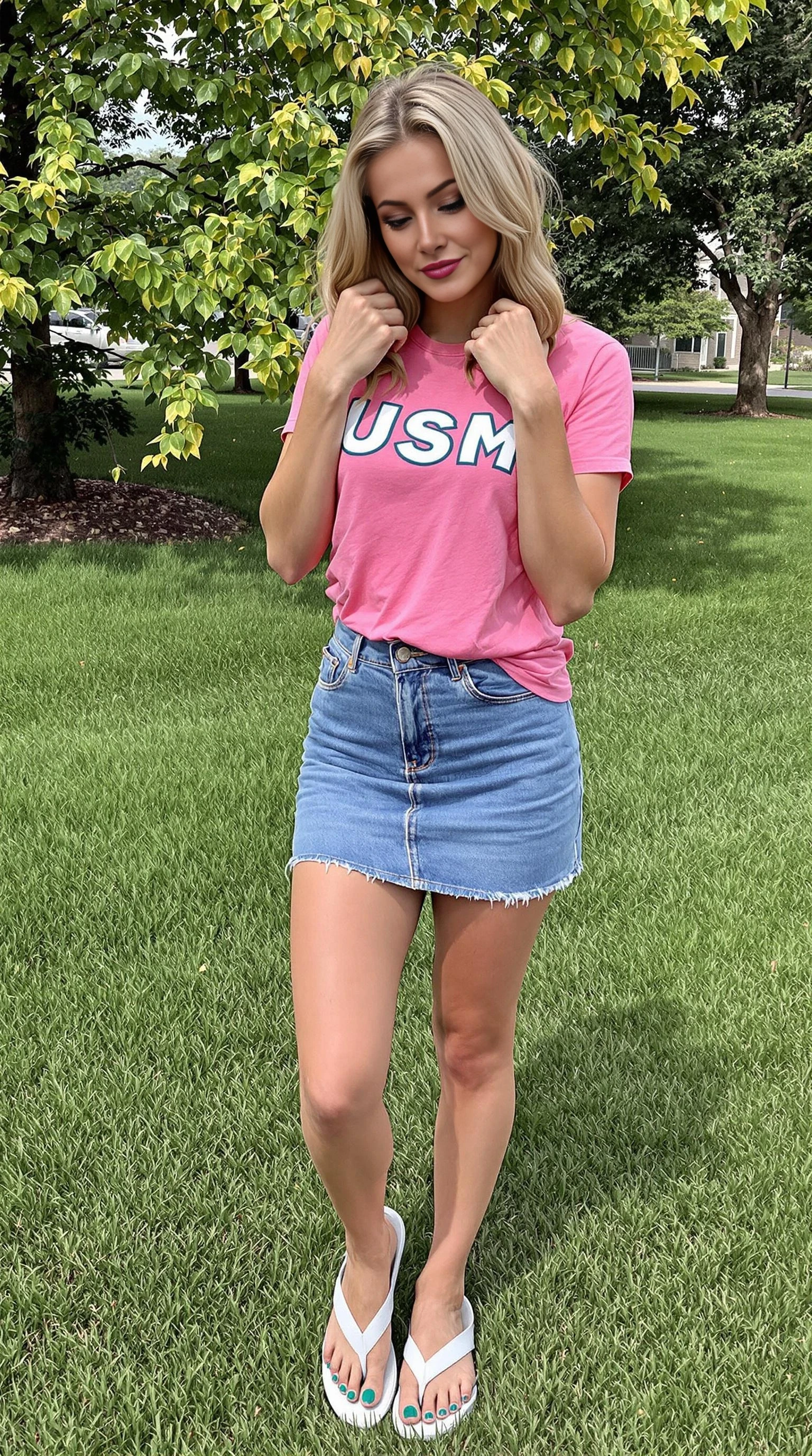Short blue jean skirt and pink tee shirt. Pedicured green pedicure toes and white flip flops. Blonde hair. Cum on my face and shirt 