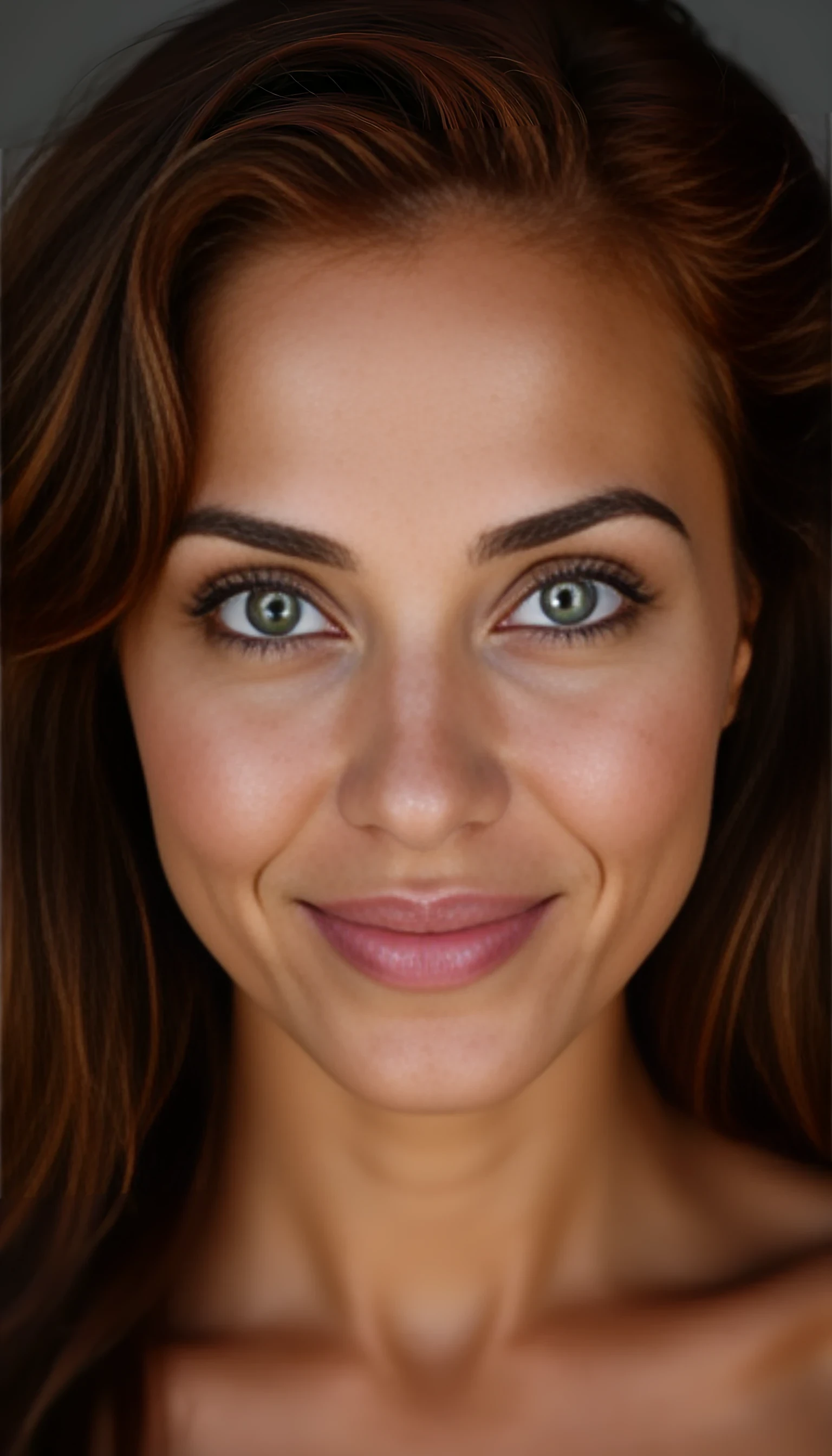 A portrait photo of a beautiful 42 years old model, mixed ethnicity of half white American half Brazilian, with dark auburn hair, piercing emerald eyes, ultra detailed eyes with sharp iris reflections, slight smile, studio-quality, extremely realistic HD and lightining