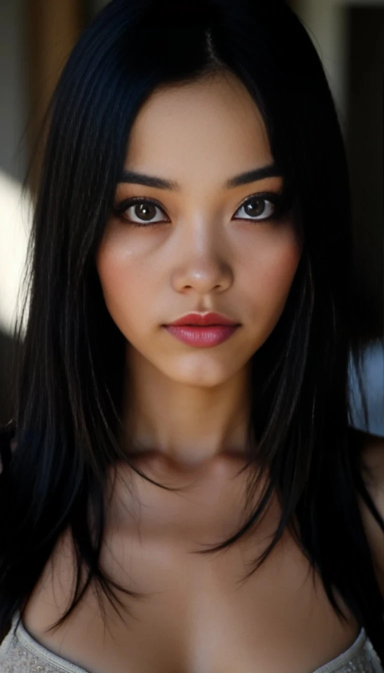 picture of a a stunning woman, face and upper body, with pale ivory skin and sharp, defined facial features, high cheekbones, almond-shaped grey-green eyes with a piercing gaze, subtle smoky eye makeup, full natural lips, small beauty mark under her left eye, straight long black hair with a middle part, slightly serious expression, cinematic lighting, ultra realistic face, soft shadows, light bedroom in the bedroom, natural light