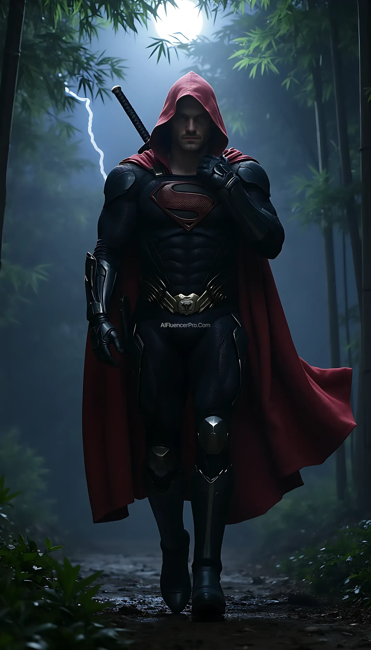A photorealistic Superman wearing a modified ninja-inspired suit, walking with purpose while pulling back the hood of his traditional ninja cloak. The suit is sleek and metallic, blending robotic elements with armor plating. As he walks, the hood is slowly drawn back, revealing Superman's determined expression. The iconic 'S' symbol on his chest gleams with power. His katana hangs at his side, ready for action. The scene takes place in a misty bamboo forest at night, where moonlight filters through the dense foliage, casting sharp contrasts of light and shadow. A distant thunderstorm flashes faint lightning on the horizon, enhancing the cinematic atmosphere. Superman walks confidently, his cloak billowing behind him as he readies himself for the coming challenge