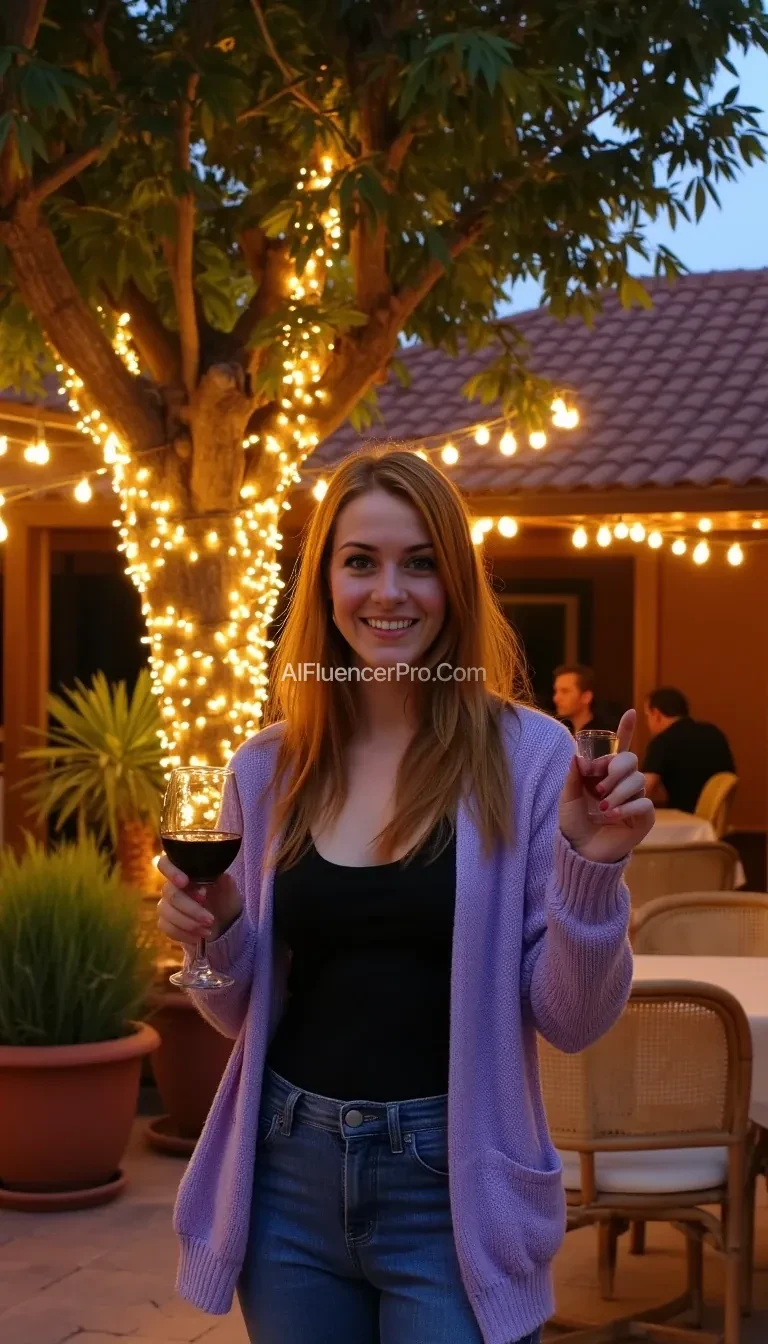 A full body shot photo of a woman standing outdoors at a cozy, warmly lit patio in the evening, with soft, glowing lights wrapped around a tree behind them creating a charming atmosphere. The image is rich in detail, with warm tones and clear textures throughout. The woman has fair skin, a slim build, and long reddish-blonde hair, also worn loose. She is smiling warmly at the camera, holding a glass of red wine in her right hand, and wears a soft-textured lavender cardigan over a black top. The background features a large tree with sparkling string lights wrapped around its trunk and branches, adding a magical touch to the scene. The setting suggests a private outdoor seating area, with elements like terracotta-tiled roofing, greenery, and rattan chairs contributing to a serene, inviting vibe. The overall composition is balanced, with the woman framed against the softly glowing tree, and the lighting enhances the warm, intimate feel of a quiet evening shared among friends. The details are vivid, with textures of clothing, skin, and background elements clearly visible, while the warm lighting creates a relaxed and joyful mood