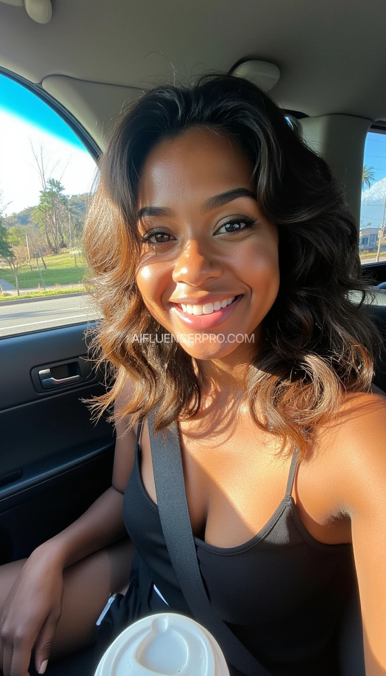 boring low quality snapchat photo circa 2015, A young sexy voluptuous black woman with a warm smile, sitting in the driver's seat of a cozy car. She has soft, wavy brown hair cascading past her shoulders. The sunlight streams through the window, casting a gentle glow on her face. The interior of the car is neat and comfortable, with a coffee cup in the cup holder and a small plant on the dashboard. The background outside the window shows a scenic road lined with trees and blue skies