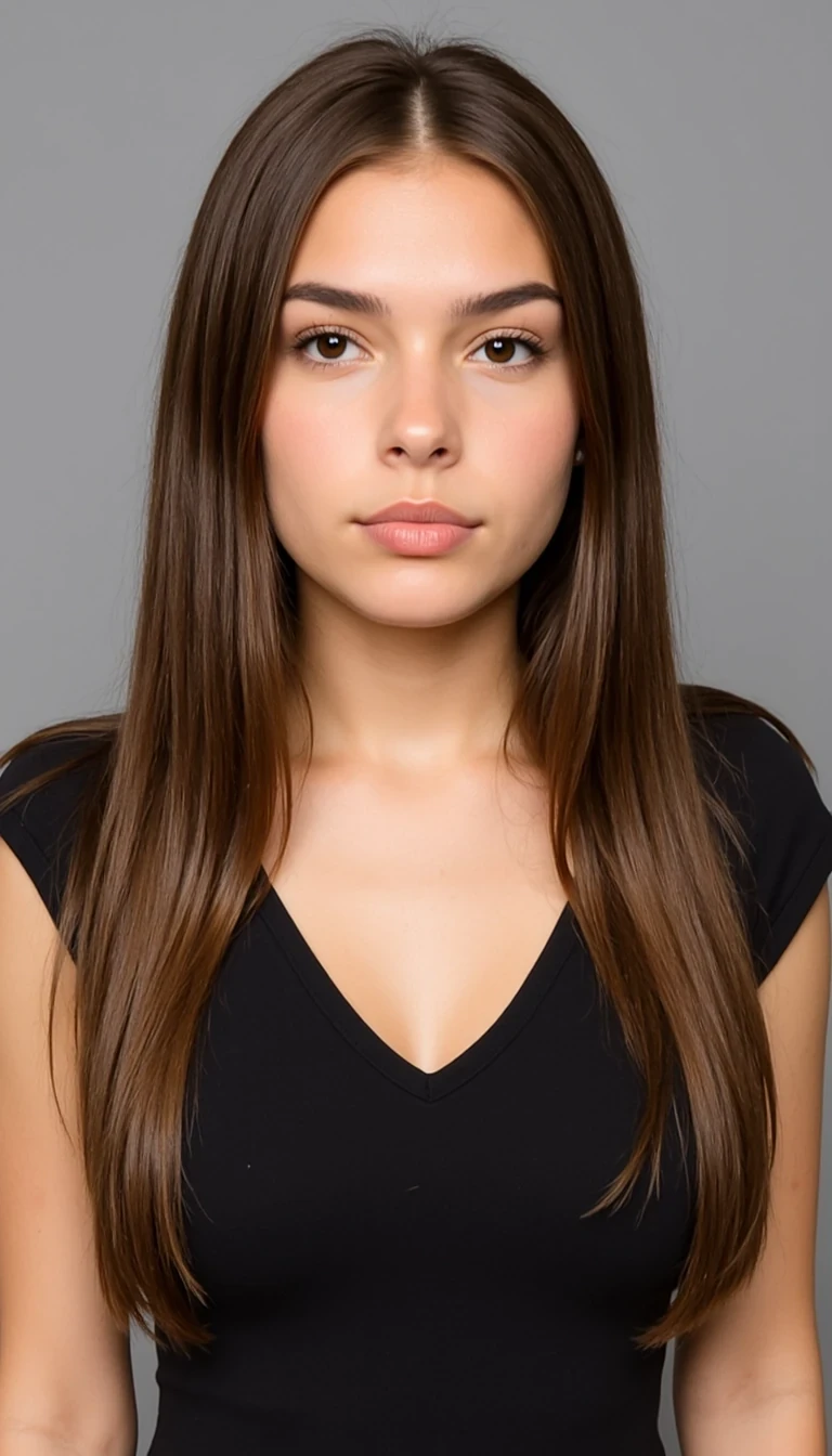 photo of a CSTMDL
Body type and measurements:
She is an 18 years old girl. Her hair is long, reaching below the shoulders, with a straight to very slightly wavy texture. It has a healthy, smooth appearance with natural shine and volume. The color is medium to dark brown with subtle warm undertones, and the strands appear moderately thick and uniform in density. The hair is parted slightly off-center or middle in most images, framing the face symmetrically. Eyes are large, almond-shaped, and widely spaced. The irises appear medium to dark brown with a warm, slightly amber tone under natural lighting. Eyelids have a soft natural crease, and the eye area is framed by full, dark lashes and naturally arched brows of medium thickness, which complement the overall symmetry of the face. She has an hourglass figure. Height approximately 64 inches. Bust is full, round, and projected, with an estimated circumference of 36 inches and moderate projection from the chest wall. Underbust estimated at 28 inches, giving a bust-to-waist contrast of about 7 inches. Waist is narrow, strongly cinched, and flat, estimated at 24 inches, with a pronounced curve into the hips. Hips are broad and rounded, estimated at 39 inches, with high hip bones and a strong waist-to-hip ratio. Gluteal region is prominent, lifted, and firm, with well-developed curvature extending outward and downward. Thighs are thick and full, estimated at 24 inches at the widest point, with a slight taper toward the knees. Calves are not visible in all photos, but appear balanced with thigh proportions. Abdomen is flat with a bit of fat. Arms are slim with soft definition, estimated upper arm circumference around 9 inches. Shoulders are slightly broad and rounded, creating symmetry with hip width; clavicle line is soft and horizontal. Neck is medium-length and proportionate. Torso is short to medium in vertical length, with the distance from underbust to waist appearing compact. Ribcage is slightly narrow. Legs are long relative to torso, contributing to an elongated lower-body visual impression. Posture appears upright and relaxed, with natural spinal curvature and mild anterior pelvic tilt. Skin surface is smooth and even-toned and lightly tanned.
Scene/Background
The image is set indoors, with the subject positioned close to a window where direct sunlight enters the room. In the background, faint details of a doorway and a partially open bathroom can be seen, though they remain blurred and secondary to the main focus. The neutral white walls and simple surroundings create a minimalist canvas that allows the light and subject to dominate the frame. What makes the background compelling is the way sunlight filters through the window blinds, creating sharp, diagonal beams across her face and body. These light patterns not only add dimension but also lend the photograph an intentional, artistic quality, transforming an ordinary room into a dramatic visual stage.
Position
The subject is captured in a close-up portrait from slightly below eye level, filling most of the frame with her face, neckline, and upper torso. Her head tilts gently downward toward the lens, but her gaze is lifted directly into it, creating a piercing connection with the viewer. One hand is raised delicately, her fingertip resting against her lips in a subtly playful gesture that adds intrigue to the composition. Her posture is relaxed yet purposeful, striking a balance between natural spontaneity and stylized poise. The diagonal angles of her head and arm echo the diagonal shadows across her skin, reinforcing the structured rhythm of the composition.
Clothing
She wears a sleek, fitted black top with thin straps. The garment’s minimalist cut emphasizes her neckline and shoulders, offering a contrast between softness and structure. The color choice harmonizes with the strong shadows cast by the sunlight, while also intensifying the warm highlights reflected from her skin. Accessories include thin hoop earrings, a delicate bracelet, and manicured nails painted in a dark tone, all of which add subtle sophistication without overwhelming the natural elegance of the overall look.
Lighting
The lighting is the true focal point of the portrait. Harsh, golden sunlight pours in from the right, striking her face and upper body with precision. The blinds filter the light into sharp streaks, which create a dramatic interplay of brightness and shadow across her features. This chiaroscuro effect heightens the sculptural quality of her cheekbones, jawline, and collarbones, while also casting dramatic shadows that frame her eyes. The warm tones of the sunlight enhance the richness of her complexion, producing a luminous glow that feels almost cinematic. The contrast between the illuminated highlights and the deeper shadows gives the photo an intimate intensity, as though it captures a fleeting, vulnerable yet powerful moment.
Vibe
The overall mood of the image is bold, intimate, and captivating. The direct eye contact paired with the playful, fingertip-to-lips gesture introduces a sense of mystery and allure. At the same time, the dramatic lighting and close framing infuse the image with artistic sophistication, making it feel intentional and polished rather than casual. The vibe blends confidence with sensuality, balancing spontaneity and refinement. It conveys both self-awareness and self-expression, as if the subject is fully conscious of the moment being captured yet remains effortlessly natural within it.