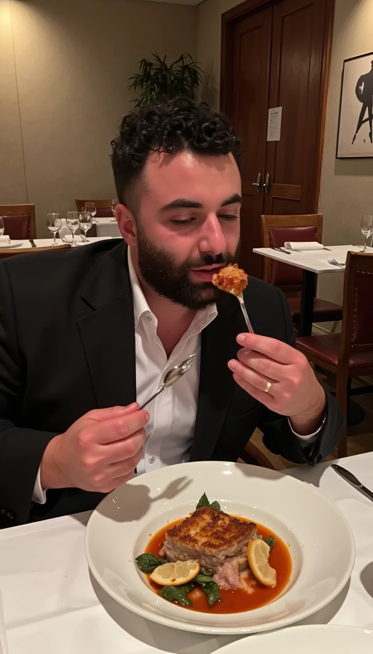 photo of man CSTMDL, fully clothed, eating cow shit in a very expensive restaurant