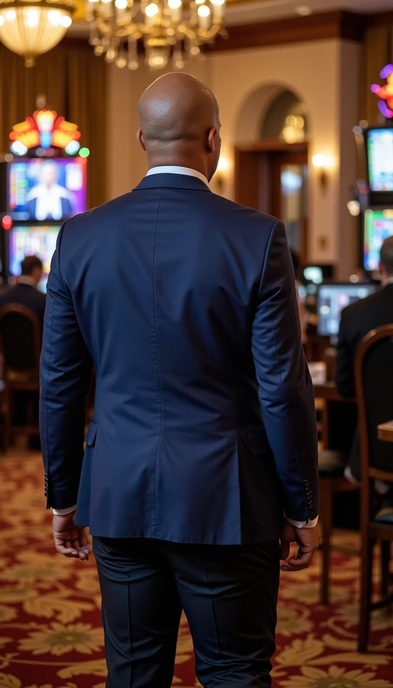 Reality view, blue suit and white collared shirt, walking through casino,  far view same face of Carter with bald head, real look, cstmdl