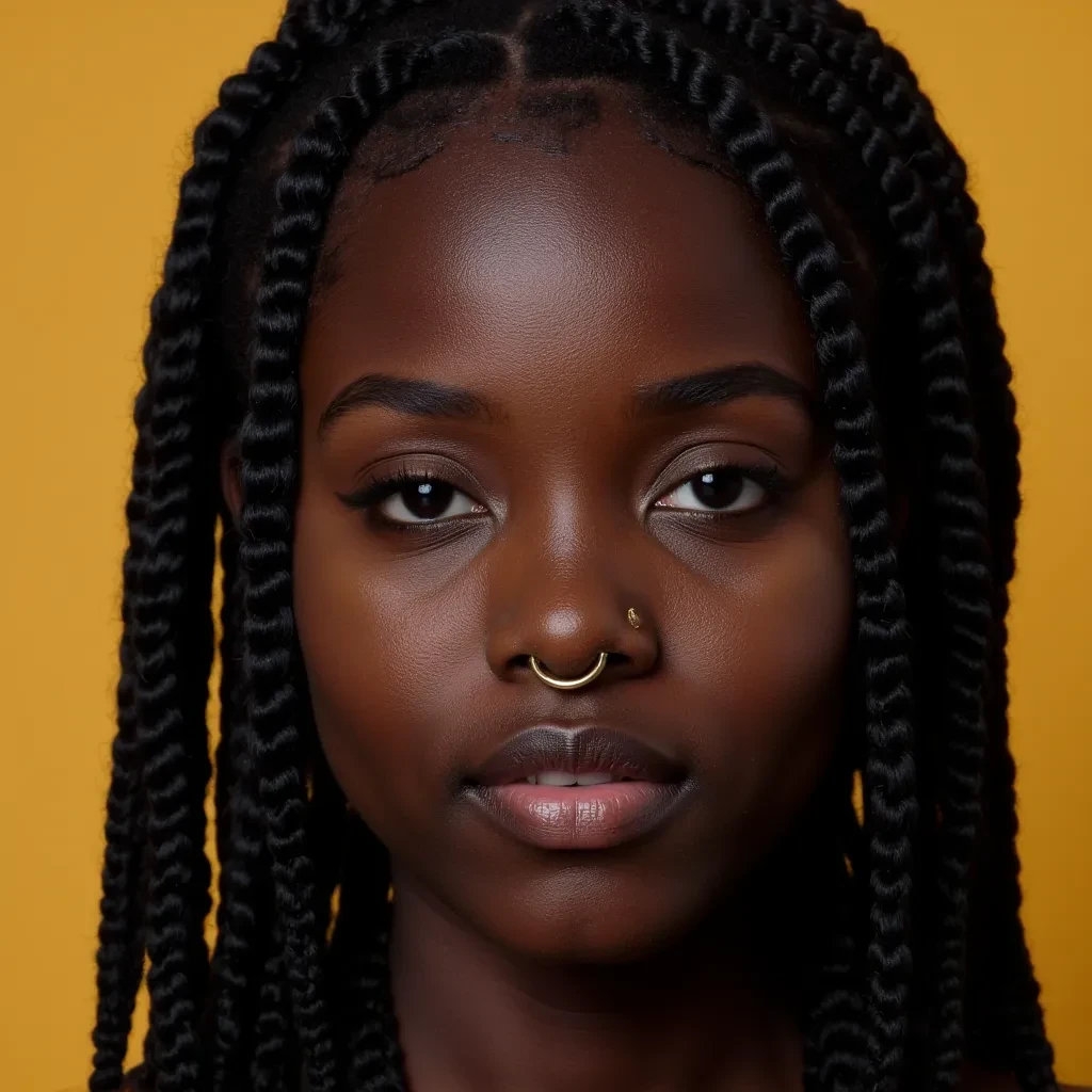 young Kenyan woman ebony skin color, black braids hair , cute face , small gold nose ring