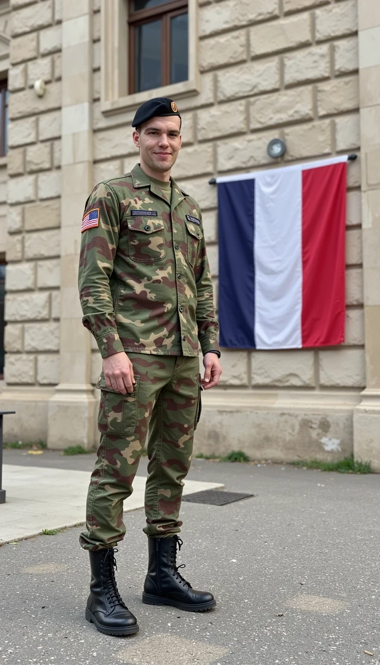Wearing the French foreign legion military camo uniform standing outside a military barracks with the French flag on a wall, smiling and posing, skinny built. Photo is to be 1080p taken on a mobile phone