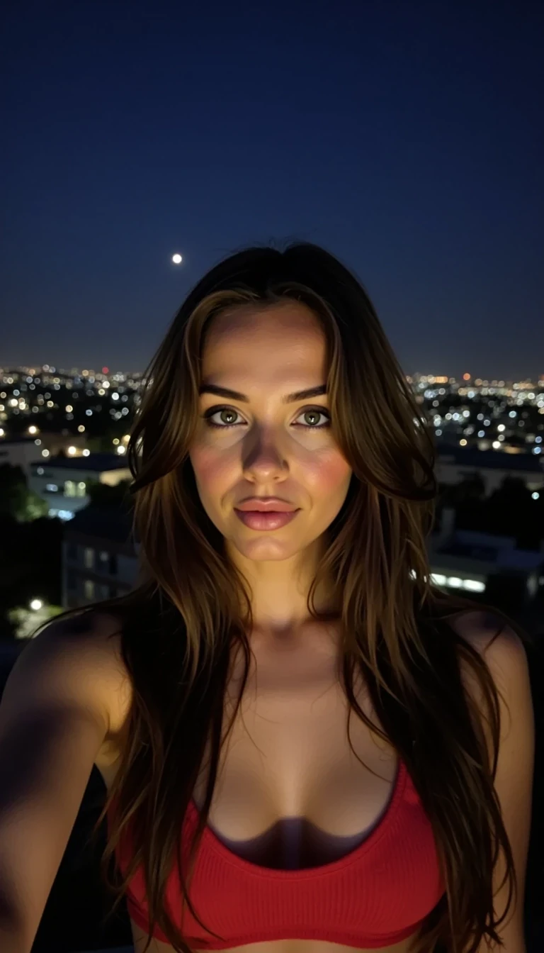 IMG_1343.HEIC, CSTMDL woman selfie on a nighttime rooftop, wearing a crop top,
low-quality Snapchat selfie