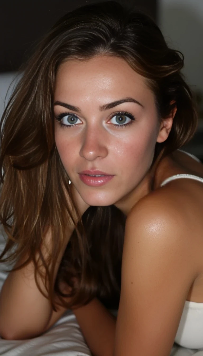 close-up of a feminine woman with big soft blue eyes, long dark lashes, defined cheekbones, wavy brown hair cascading over one shoulder, sensual yet innocent expression, slightly open lips, natural glossy skin texture, shot in soft lighting with shallow depth of field, polish girl, she is lying on the bed, only underwear , boring low quality snapchat photo circa 2015
