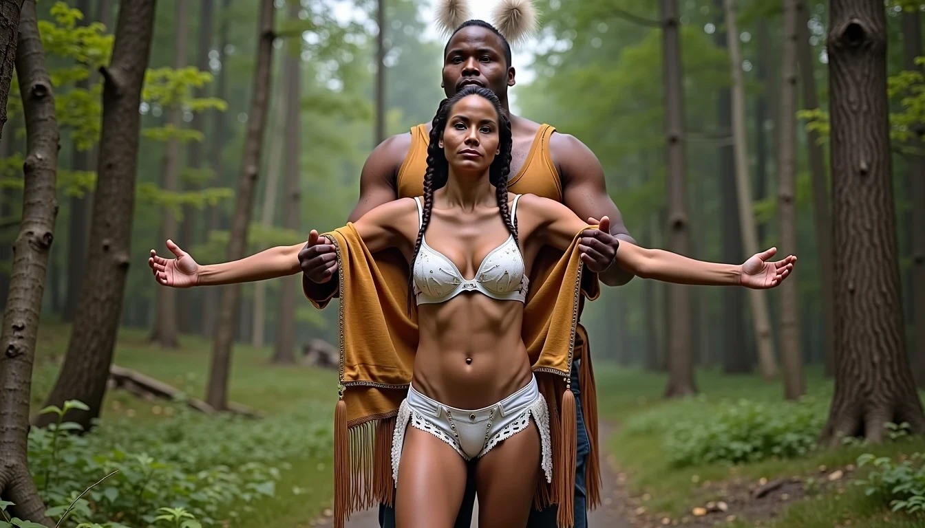 photo of woman CSTMDL, a medium shot photo of, a slim woman, her full body is in the scene, she has a slender petite build with petite small boobs and a flat chest, she has small dark skin nipples with long pointy nipple ducts and small dark skinned areolas, her hair is styled with two long braids she has eagle plumes in her hair, she is not wearing earrings, she is wearing daisy duke denim booty shorts, she is wearing a native American style vest in a golden yellow color over top of her underwear, she is holding her vest open exposing her strapless bra, her bra is a strapless white lace bra, she is wearing white lace panties, she is wearing ankle height smoked hide moccasins, natural lighting, natural light, amateur photography, shot on an iPhone, she is standing with her legs spread wide apart in a densely wooded forest, she is maintaining intense eye contact with the camera, there is a giant native American fat man standing up directly behind her holding onto the woman's waist, the man is holding her up suspended in the air in front of him, the man is a real giant, public setting, Hyper realism, ultra-sharp focus, highly detailed, natural lighting, natural light, amateur photography,