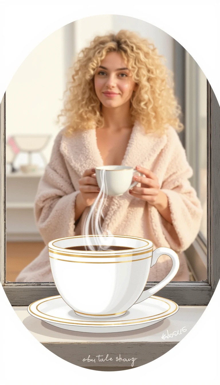  a steaming coffee cup resting on a windowsill, drawn in elegant white or gold line-art style. Soft early morning light filters in, casting gentle shadows. In the blurred background, a blonde woman with voluminous curls (same model as @softobsessionalina) is seen in cozy loungewear, softly smiling while holding the cup. The scene radiates warmth, intimacy, and slow mornings. Transparent background, circular frame, feminine glow.