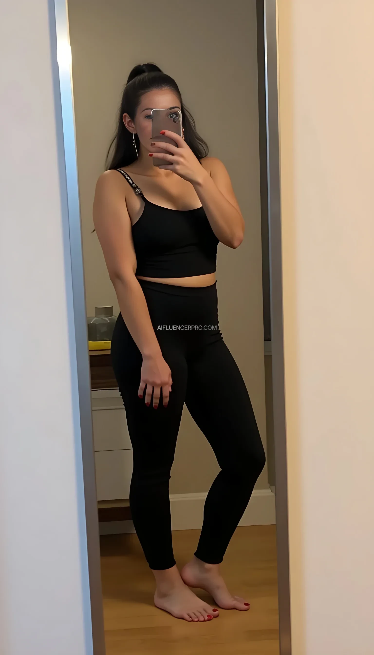 give me the picture like a mirror selfie of an indian girl using an iPhone in a crop top and tight black leggings.