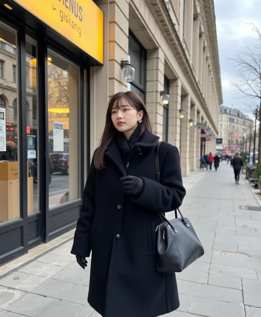 boring, medium shot on an iphone 16 pro. A young Korean woman walking down Avenue Montaigne in Paris, dressed warmly yet stylishly. cloudy weather, overcast cold weather. She wears a luxurious black coat, perhaps made of wool or cashmere, paired with a chic scarf and black gloves. Parisian architecture reflect the glamour of the scene. medium shot on an iphone 16 pro. cloudy weather, overcast cold weather.