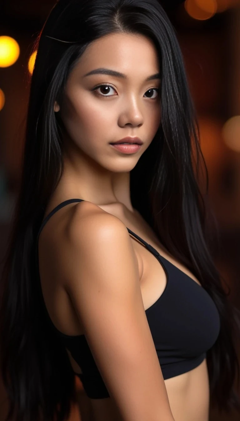 boring low quality snapchat photo circa 2015, a fit woman model as fitness influencer wearing gym outfit in the bodybuilding gym, Create a hyperrealistic female face with timeless, ageless beauty and an aura of deep mystery. Skin is smooth and porcelain with a subtle pearlescent glow, as if softly illuminated from within. Long, straight jet-black hair with hints of midnight blue that shimmer under the light. Eyes are deep violet with a fine ring of gold around the pupil, hypnotic and all-knowing. High cheekbones with delicate, refined features, and a softly defined jawline. Nose is straight and elegant. Lips are full with a muted rose hue, naturally shaped, resting in a calm, unreadable expression that feels both inviting and enigmatic. Minimal makeup — only subtle enhancement to the eyes and a slight highlight to emphasize the glow. Lighting should be low and cinematic, with warm gold accents and soft shadows framing the face for a mystical, otherworldly presence.