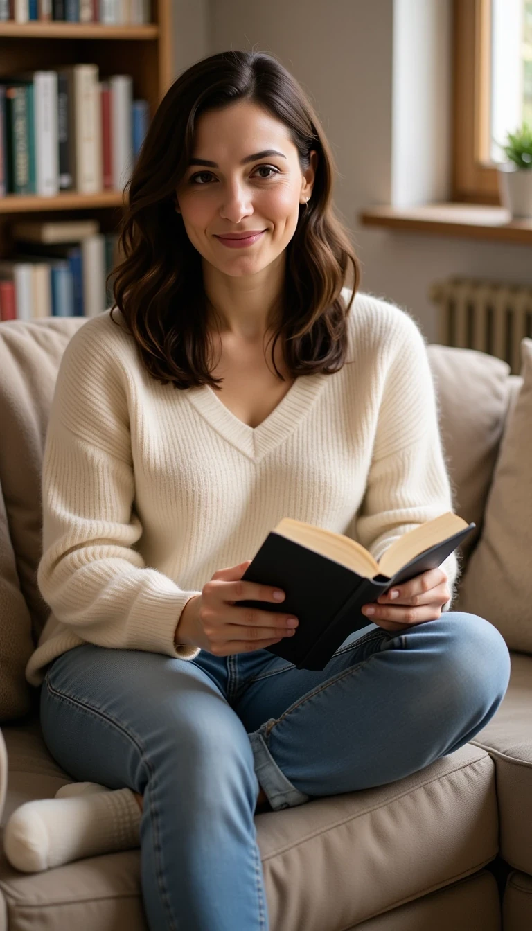 Indoor photo of a woman in cozy sweater and socks, sitting cross-legged on a couch, holding a book and smiling slightly, natural lighting, CSTMDL woman