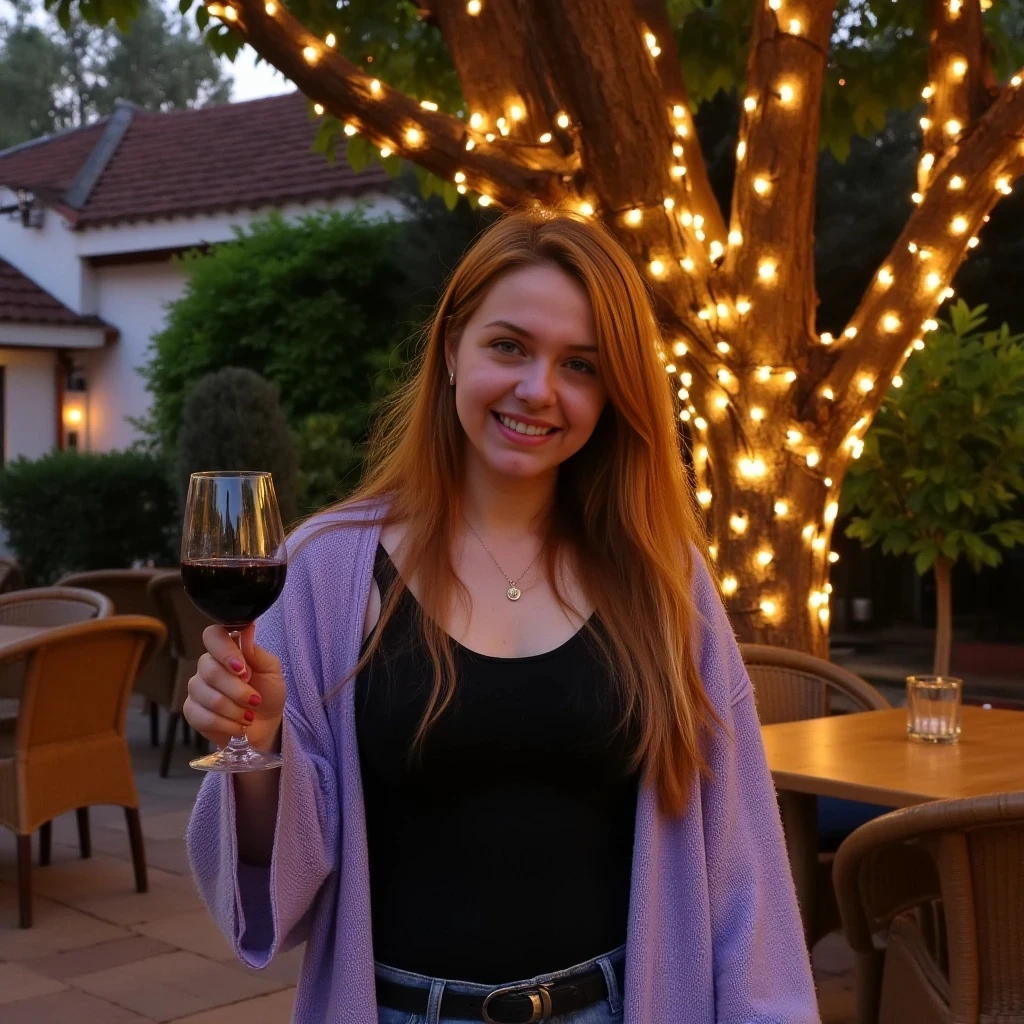 A full body shot photo of a woman standing outdoors at a cozy, warmly lit patio in the evening, with soft, glowing lights wrapped around a tree behind them creating a charming atmosphere. The image is rich in detail, with warm tones and clear textures throughout. The woman has fair skin, a slim build, and long reddish-blonde hair, also worn loose. She is smiling warmly at the camera, holding a glass of red wine in her right hand, and wears a soft-textured lavender cardigan over a black top. The background features a large tree with sparkling string lights wrapped around its trunk and branches, adding a magical touch to the scene. The setting suggests a private outdoor seating area, with elements like terracotta-tiled roofing, greenery, and rattan chairs contributing to a serene, inviting vibe. The overall composition is balanced, with the woman framed against the softly glowing tree, and the lighting enhances the warm, intimate feel of a quiet evening shared among friends. The details are vivid, with textures of clothing, skin, and background elements clearly visible, while the warm lighting creates a relaxed and joyful mood