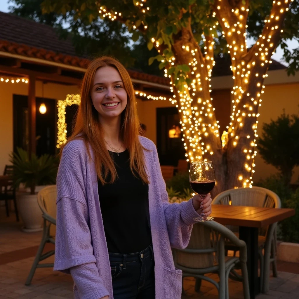 A full body shot photo of a woman standing outdoors at a cozy, warmly lit patio in the evening, with soft, glowing lights wrapped around a tree behind them creating a charming atmosphere. The image is rich in detail, with warm tones and clear textures throughout. The woman has fair skin, a slim build, and long reddish-blonde hair, also worn loose. She is smiling warmly at the camera, holding a glass of red wine in her right hand, and wears a soft-textured lavender cardigan over a black top. The background features a large tree with sparkling string lights wrapped around its trunk and branches, adding a magical touch to the scene. The setting suggests a private outdoor seating area, with elements like terracotta-tiled roofing, greenery, and rattan chairs contributing to a serene, inviting vibe. The overall composition is balanced, with the woman framed against the softly glowing tree, and the lighting enhances the warm, intimate feel of a quiet evening shared among friends. The details are vivid, with textures of clothing, skin, and background elements clearly visible, while the warm lighting creates a relaxed and joyful mood