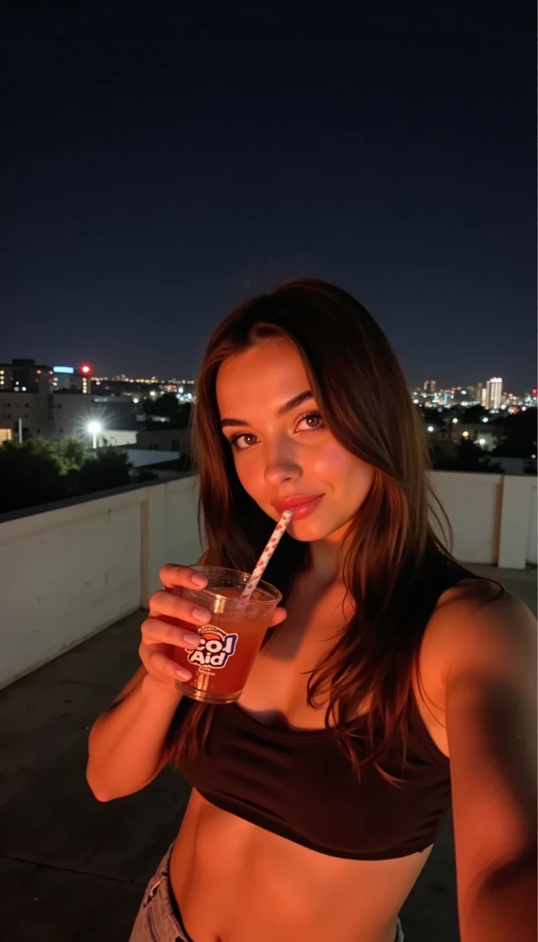 IMG_1343.HEIC, CSTMDL woman selfie on a nighttime rooftop, wearing a crop top, drinking cool aid 
low-quality Snapchat selfie