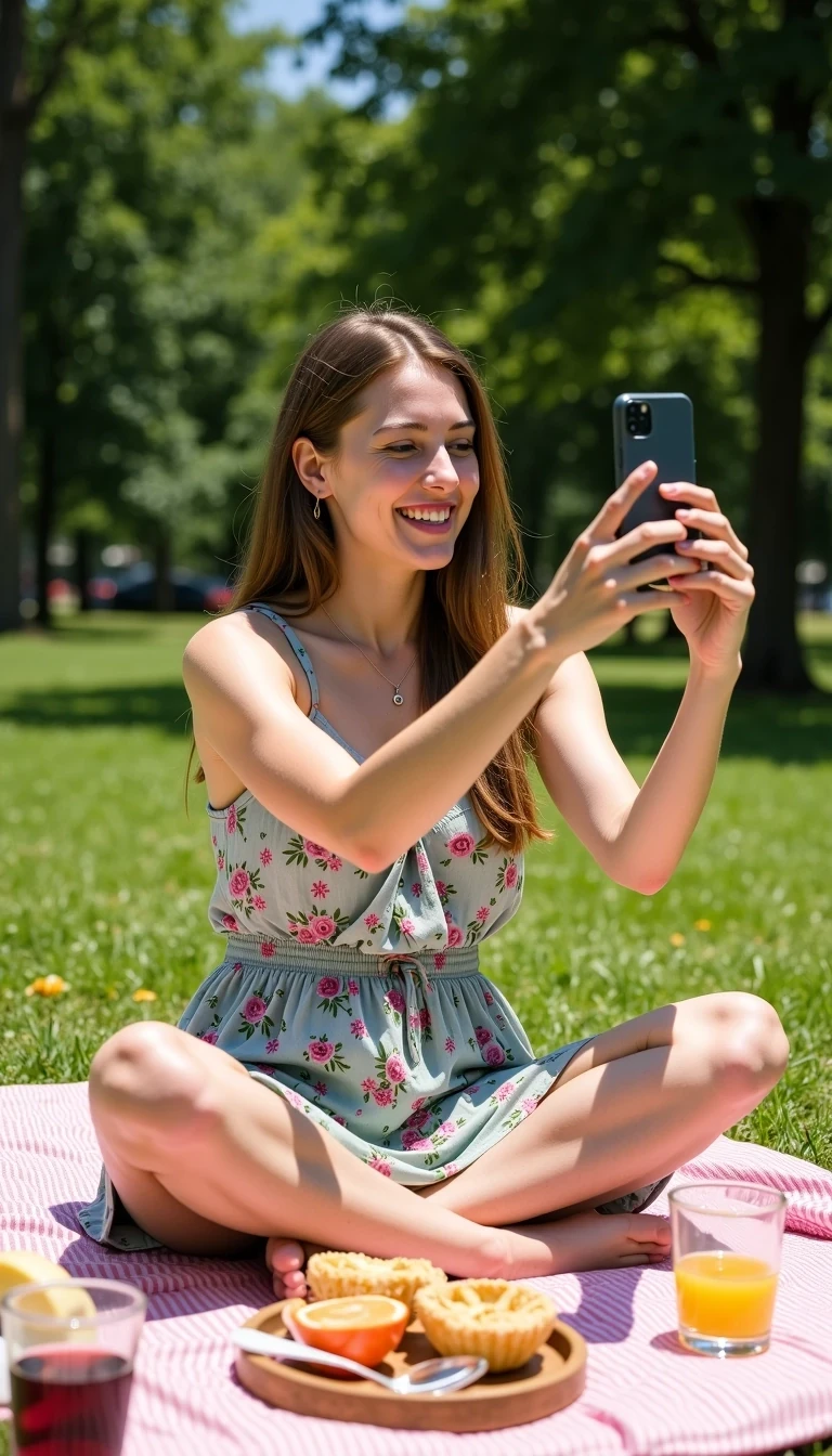 CSTMDL Angelina, sitting cross-legged on a picnic blanket in a sunny park. She is wearing a floral summer dress, barefoot, with snacks and a drink beside her. Taken as if holding the phone out at arm’s length for a selfie.