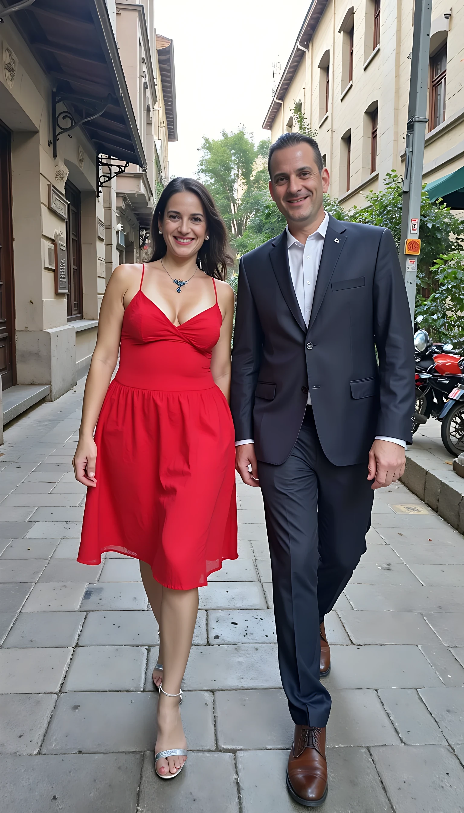 photo of brunette woman CSTMDL, boring low quality photo circa 1960, red short dress, walking on street of istambul with handsome fat man, happy face