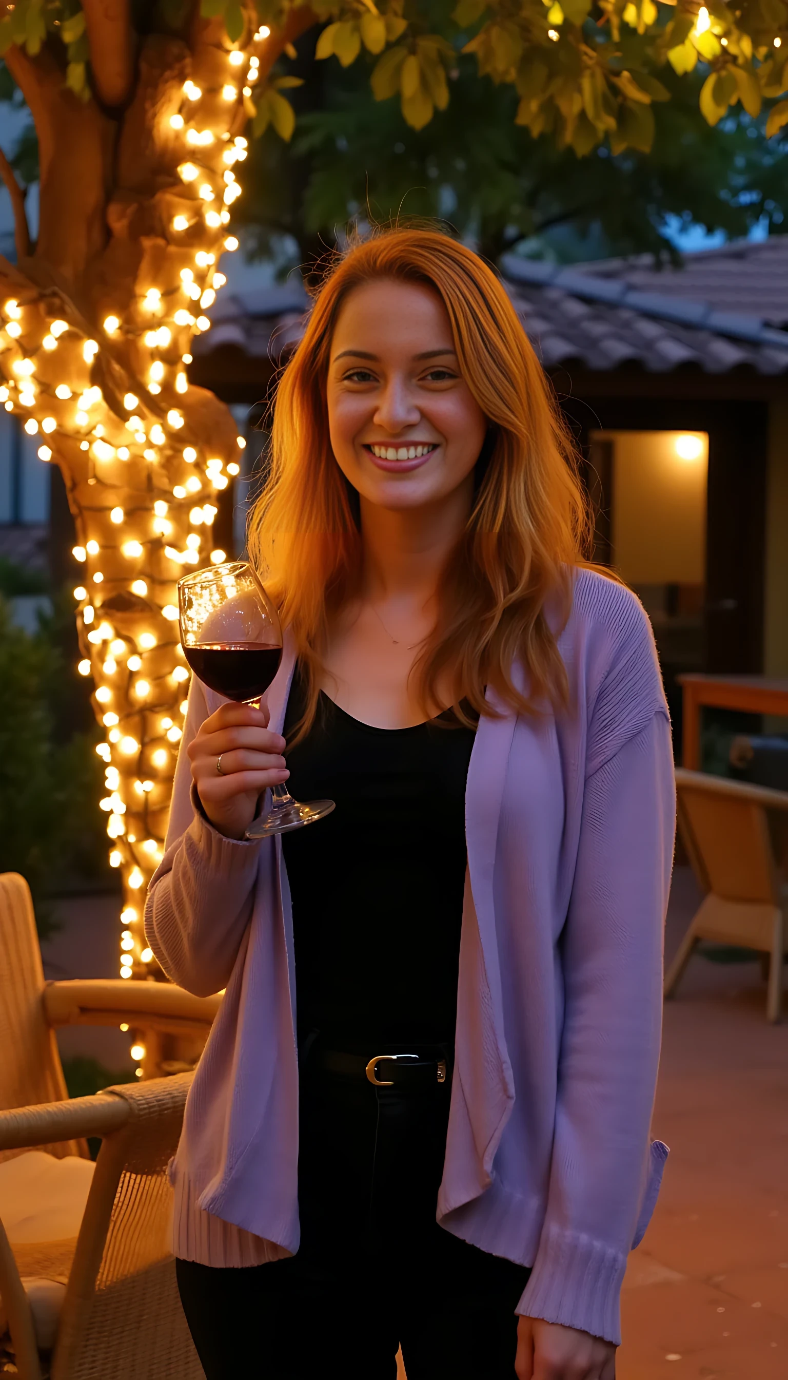 A full body shot photo of a woman standing outdoors at a cozy, warmly lit patio in the evening, with soft, glowing lights wrapped around a tree behind them creating a charming atmosphere. The image is rich in detail, with warm tones and clear textures throughout. The woman has fair skin, a slim build, and long reddish-blonde hair, also worn loose. She is smiling warmly at the camera, holding a glass of red wine in her right hand, and wears a soft-textured lavender cardigan over a black top. The background features a large tree with sparkling string lights wrapped around its trunk and branches, adding a magical touch to the scene. The setting suggests a private outdoor seating area, with elements like terracotta-tiled roofing, greenery, and rattan chairs contributing to a serene, inviting vibe. The overall composition is balanced, with the woman framed against the softly glowing tree, and the lighting enhances the warm, intimate feel of a quiet evening shared among friends. The details are vivid, with textures of clothing, skin, and background elements clearly visible, while the warm lighting creates a relaxed and joyful mood