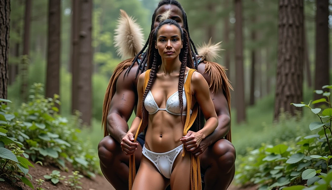 photo of woman CSTMDL, a medium shot photo of, a slim woman, her full body is in the scene, she has a slender petite build with petite small boobs and a flat chest, she has small dark skin nipples with long pointy nipple ducts and small dark skinned areolas, her hair is styled with two long braids she has eagle plumes in her hair, she is not wearing earrings, she is wearing daisy duke denim booty shorts, she is wearing a native American style vest in a golden yellow color over top of her underwear, her vest is open exposing her strapless bra, her bra is a strapless white lace bra, she is wearing white lace panties, she is wearing ankle height smoked hide moccasins, natural lighting, natural light, amateur photography, shot on an iPhone, she is standing with her legs spread wide apart in a densely wooded forest, she is maintaining intense eye contact with the camera, there is a giant native American fat man twice her height kneeling directly behind her holding onto gripping the woman's waistline, the man is holding her in front of him, the man is a real giant twice the height of an average male, public setting, Hyper realism, ultra-sharp focus, highly detailed, natural lighting, natural light, amateur photography,