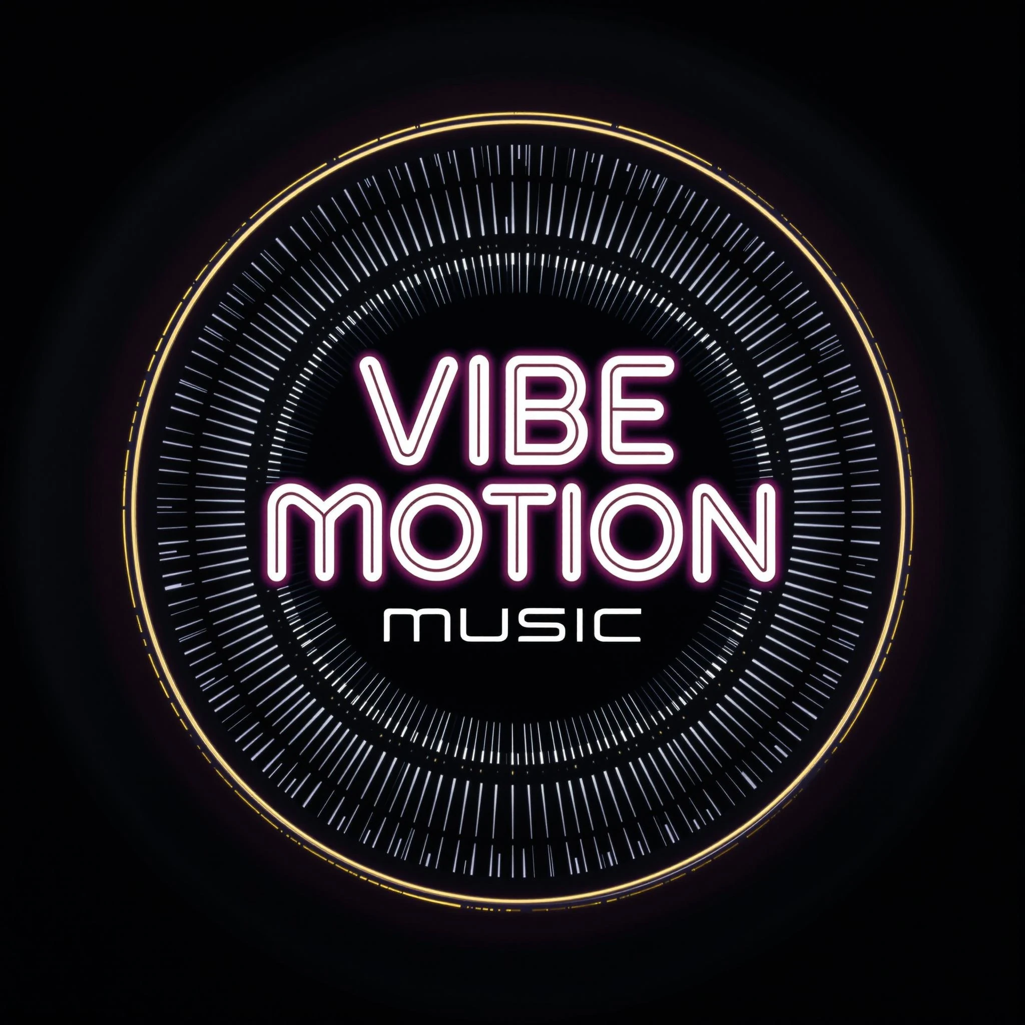 centered circular emblem with bold modern typography inside, glowing neon outline, high contrast black and white design, futuristic clean vector look, symmetrical balance, placed on a soft gradient background (dark blue to black), perfect for music branding" text "Vibe Motion Music" need to be inside. no trap nation music text.
