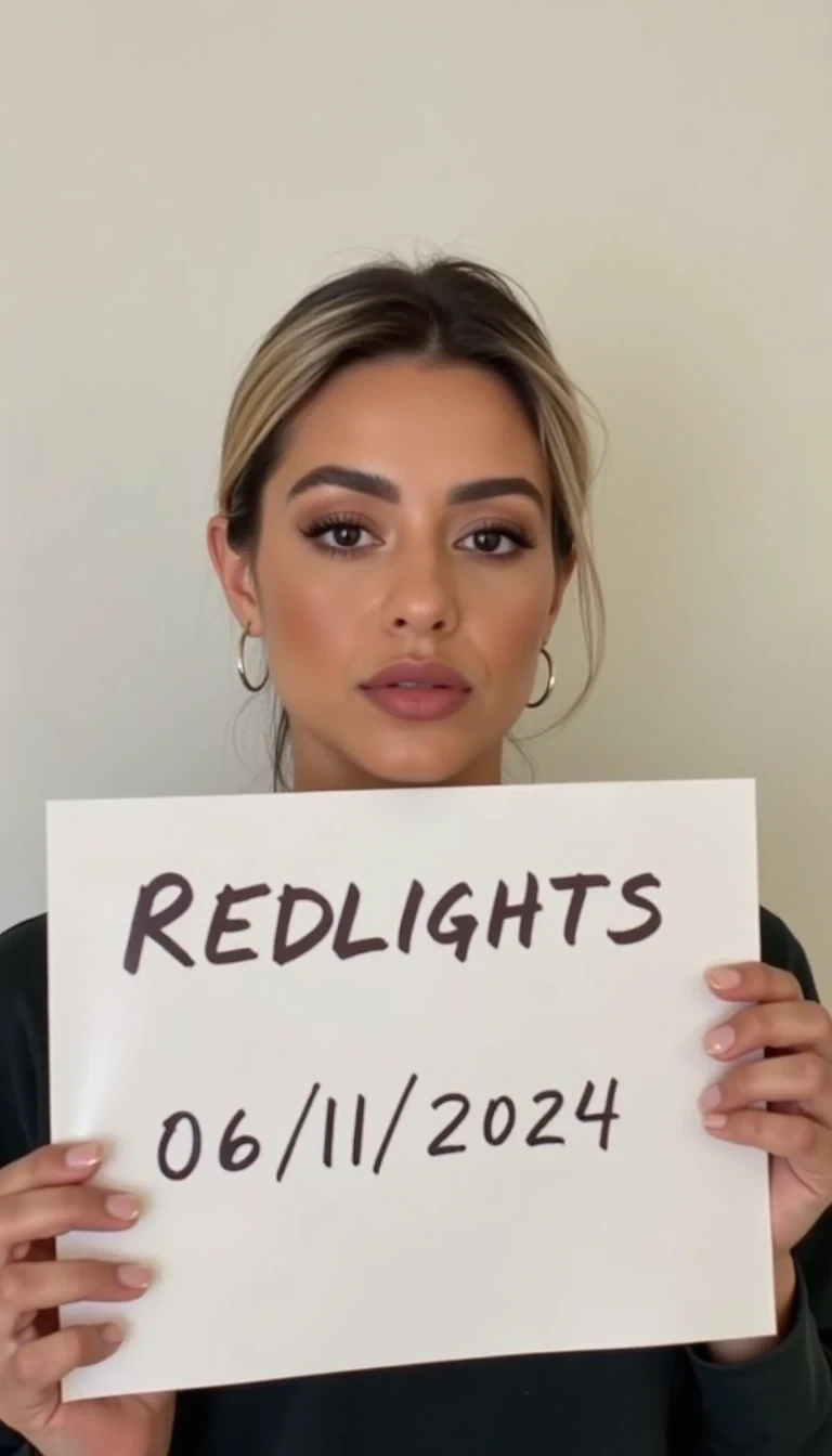 photo of woman CSTMDL, casual photo taken on an iPhone, woman holds a sign with handwritten text. She is wearing long sleeves and has neutral makeup. The sign reads "REDLIGHTS" followed by "06/11/2024" in a simple script. The background is a plain, light-colored wall, providing a minimalist and uncluttered setting.