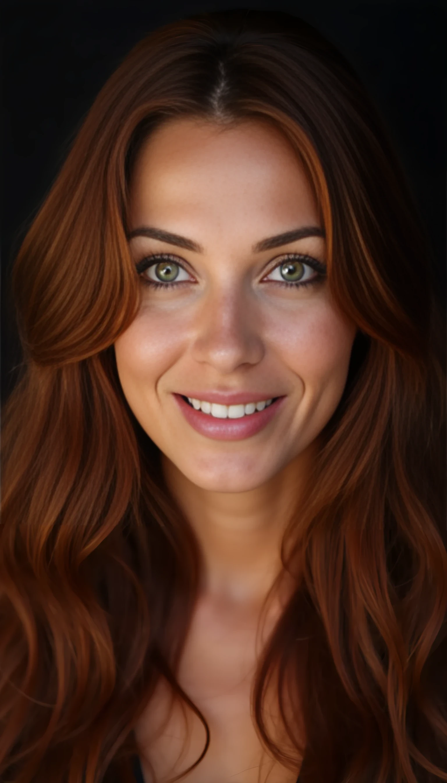 A portrait photo of a beautiful 42 years old model, mixed ethnicity of half white American half Brazilian, with dark auburn hair, piercing emerald eyes, ultra detailed eyes with sharp iris reflections, slight smile, studio-quality, extremely realistic HD and lightining