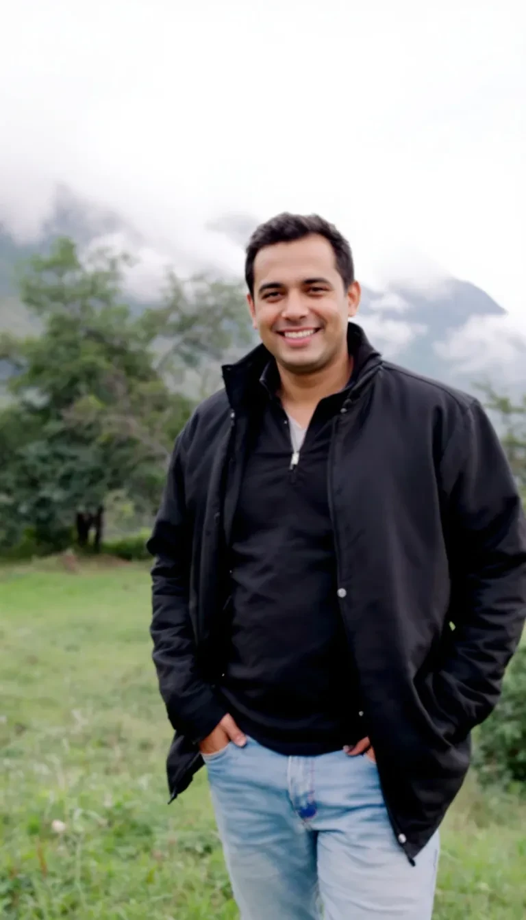 A person smiling in a scenic outdoor setting, with misty mountains in the background and a grassy meadow in the foreground. They are wearing a black jacket and light blue jeans, standing casually with hands in pockets. The sky is overcast, adding a soft, muted tone to the landscape.