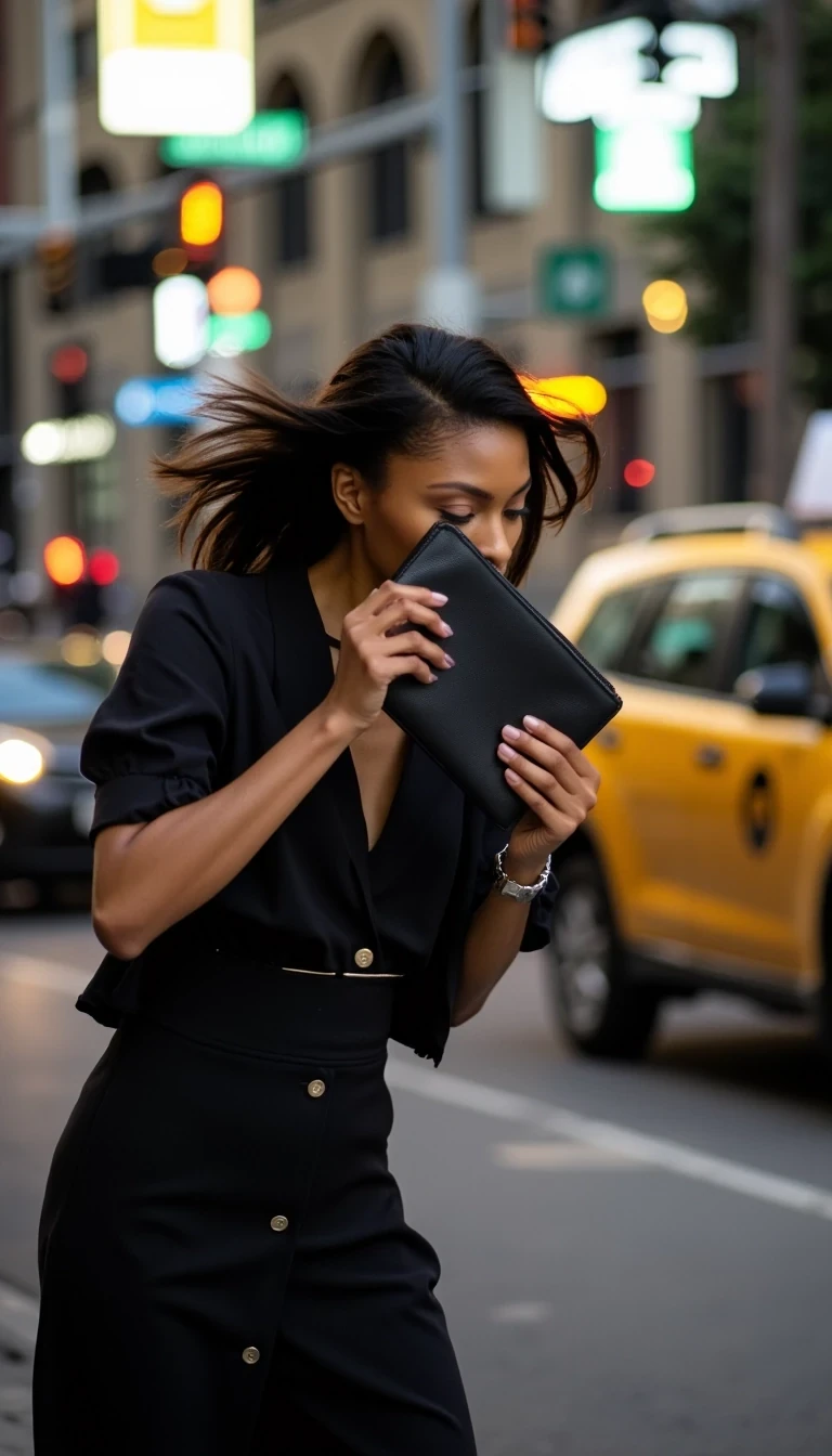 Street Corner Dash
Shot on Sony A9 III, 70-200mm f/2.8, ISO 3200, 1/500 sec. Model rushing to black SUV, Bottega clutch covering face. Motion blur from movement, flash catching hair mid-flow. Light olive brown skin showing natural reaction to flash - slight shine on forehead. Multiple light sources: street lamps, car headlights, camera flashes creating chaotic lighting pattern. Background: blurred NYC street signs, yellow cabs.
 CSTMDL