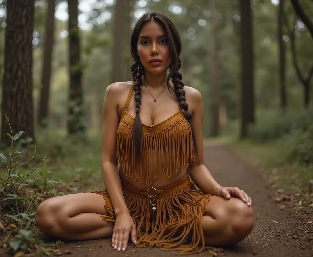 A medium shot photo of woman CSTMDL, a 25-year-old native American woman. The woman who is Native American in appearance has white skin tone, she is tall, medium sized boobs, her nipples are medium size and dark skinned areolas, She is wearing her hair in a native American style with 2 long braids, She is wearing a sexy native American leather outfit with a fringe breechcloth in a golden yellow color, in a wooded area she is on her knees with her legs spread wide apart, maintaining intense eye contact with the camera staring stoically without any other expression at all. The composition captures a casual, candid moment, romantic setting, Hyper realism, captured with a nikon d850, 16k, uhd, ultra-sharp focus, depth of field, perfect meshes and textures, highly detailed, highly accurate reflections, volumetric fog, volumetric lighting, volumetric light, hdr, ray tracing, cinematic shooting style, her entire body is in the frame including her hands which are on the ground 