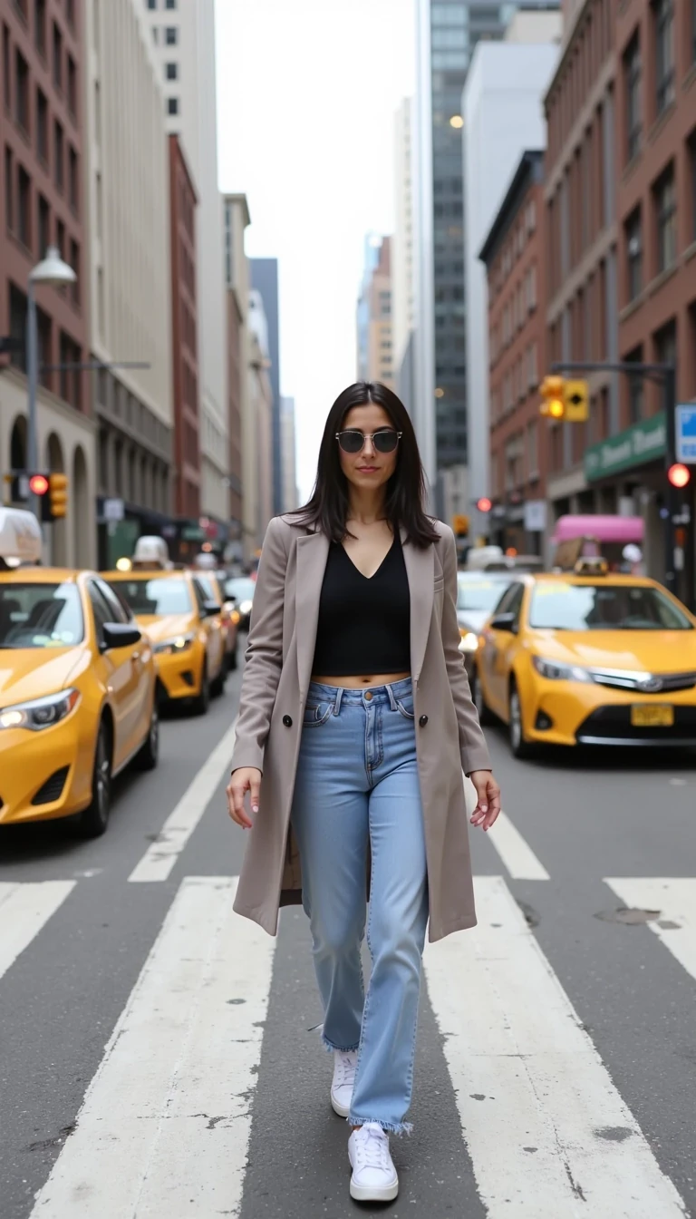 CSTMDL Nyxie 2 walking confidently across a crosswalk in New York City, dressed in a trendy oversized blazer, sunglasses, and sneakers, with blurred taxis and skyscrapers behind her.