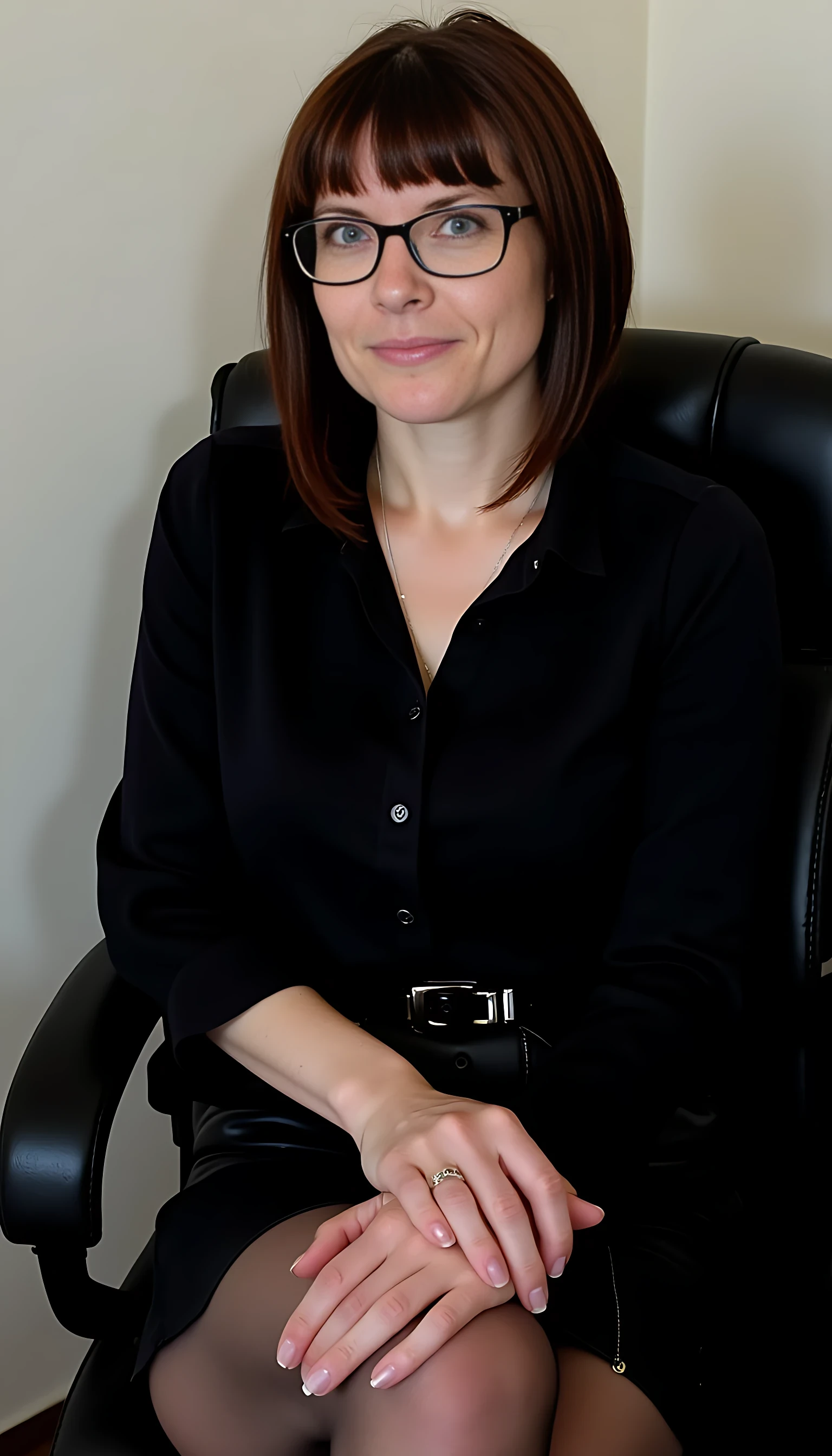 This is a highly detailed photography depicting a woman CSTMDL with fair skin, blue eyes and dark brown hair. She is seated on a black office chair, leaning slightly forward with her right hand resting on her knee and her left hand on the armrest. Her facial expression is calm and slightly contemplative, with her lips slightly parted and eyes looking directly at the viewer. She is wearing large, black-framed glasses that accentuate her delicate features.

Her attire includes a black, long-sleeved blouse that is buttoned up to the top, revealing a hint of cleavage and emphasizing her very large natural breasts. her enormous chest stretches the fabric of her top and molds her feminine shapes. She pairs the blouse with a high-waisted, black leather skirt that hugs her hips and midsection, accentuating her thin and athletic but yet curvy and plain feminine curves figure. The skirt is fastened with a black belt, adding to the sleek, professional look. She wears what appears to be thin, transparent black stockings. The stockings are attached with a garter belt whose only the fastener can be seen. she wears black high heels with red sole and heel. She also wears large, dangling earrings that add a touch of elegance to her appearance.

In the background, there is a white desk with a computer monitor and a pile of books and papers, indicating an office setting. The lighting in the image is soft, creating a warm and inviting atmosphere. The overall style of the artwork is realistic with a slight touch of hyper-realism, capturing fine details and textures with precision.
Photo (medium).