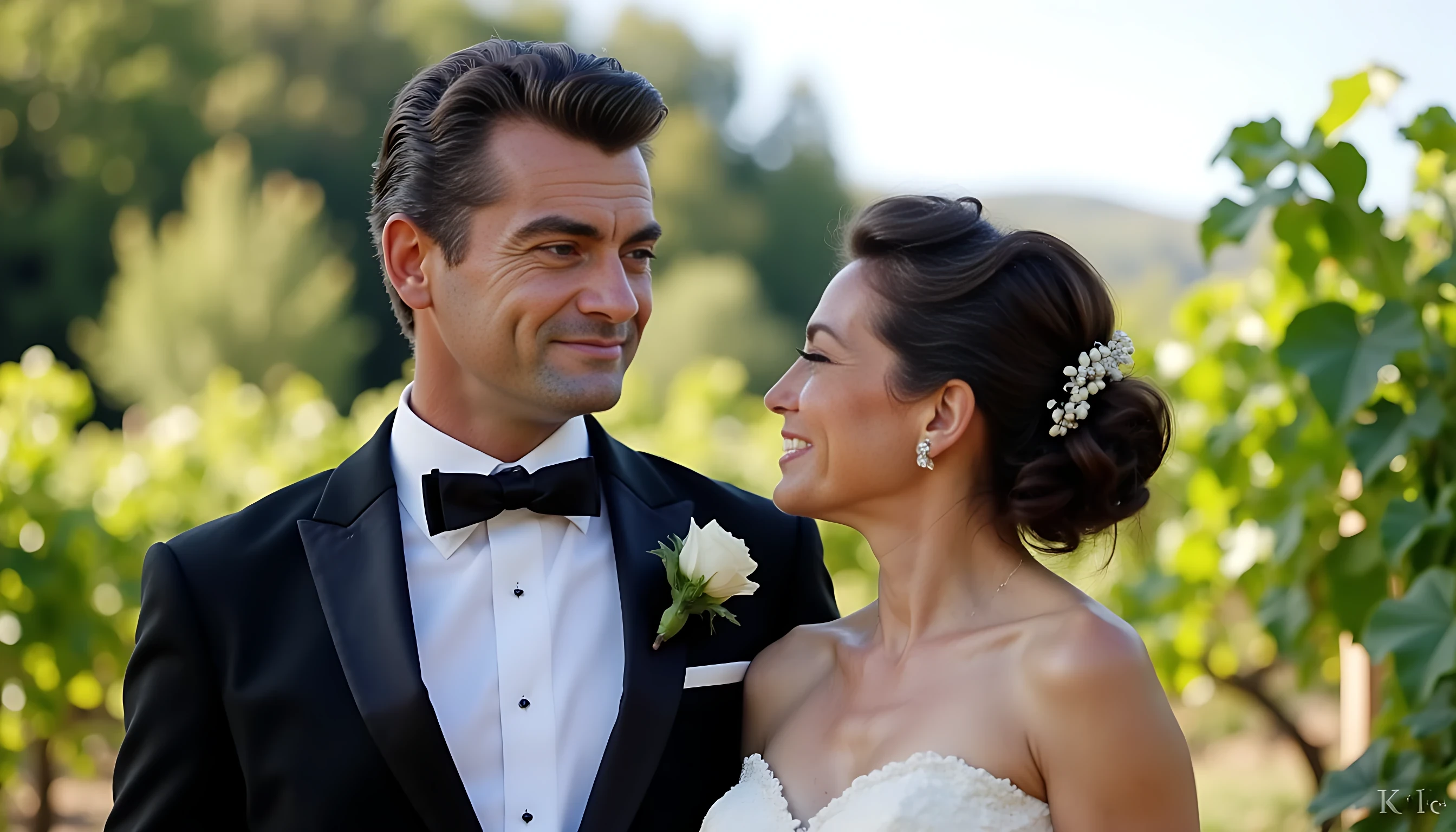 8K ultra detailed photography. The photo is a wedding photography of a 25 years old man CSTMDL, and is beautiful french brunette girl. Scene is in 2002. He's smiling, short black hair. He wears a wedding tuxedo. Scene is set in the middle of a wineyard